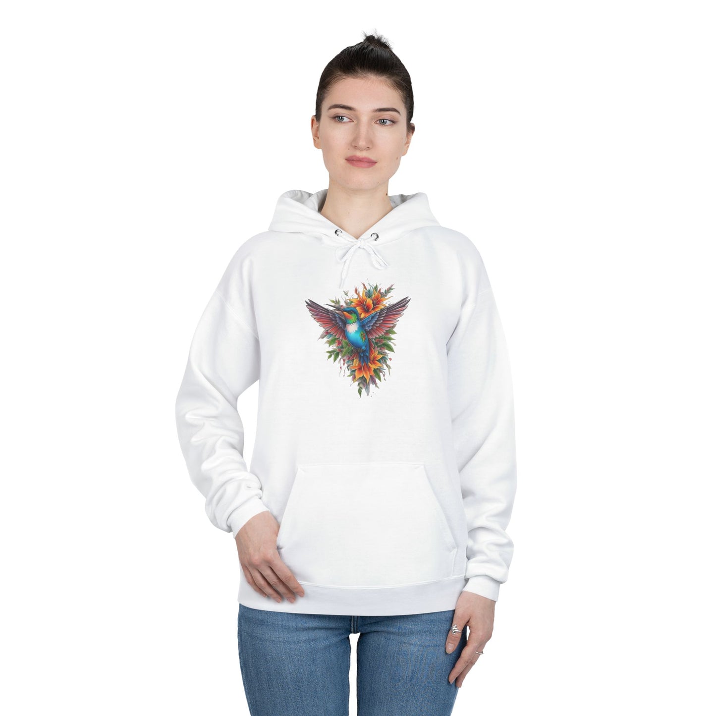 Vibrant Hummingbird Hoodie, Eco-Friendly Pullover, Perfect Gift for Nature Lovers, Spring Fashion, Unique Floral Design