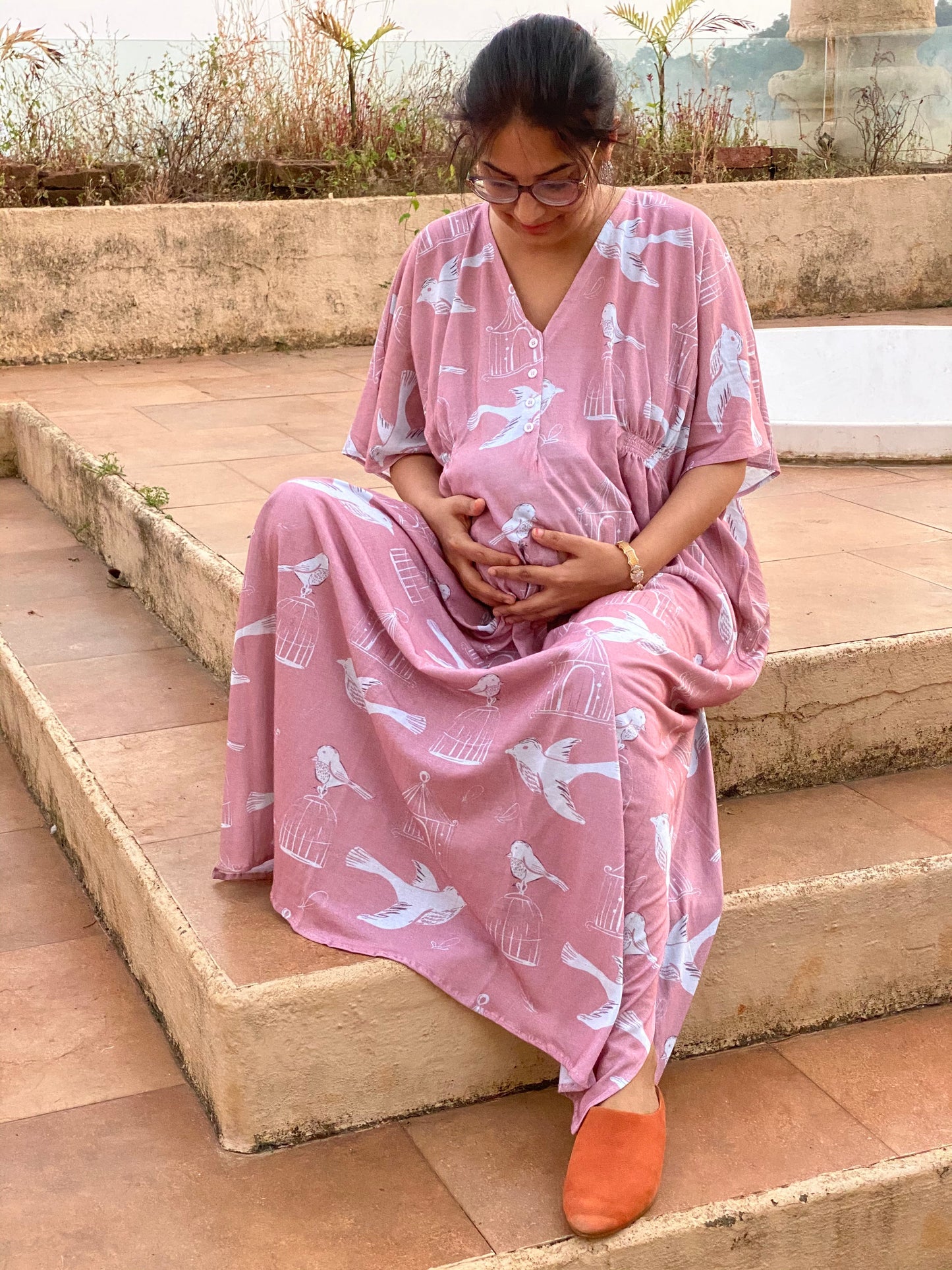 Rose gold Free Thinker Maternity "Stunningly Simple" Style Caftan | Soft Jersey Knit Organic Cotton | Maternity House Dress-3