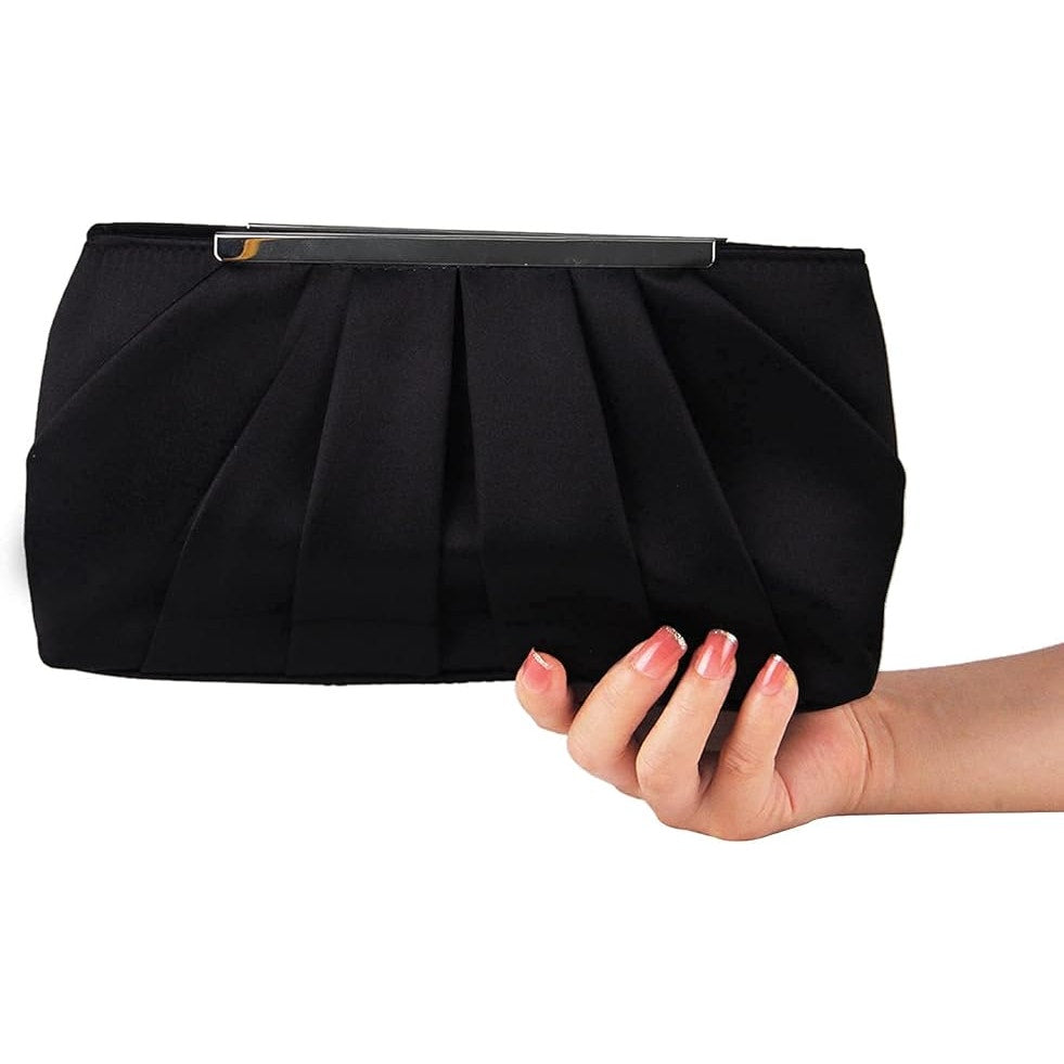 Lanpet Womens Black Silver Pleated Satin Magnetic Close Clutch Handbag