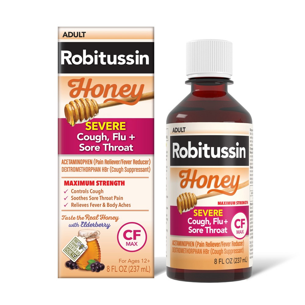 Robitussin Adult Severe Cough Flu + Sore Throat Cf Max Liquid Honey 8 Oz