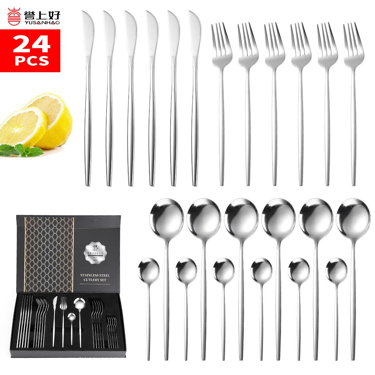24pcs Dinnerware Set Stainless Steel Tableware Set Knife Fork Spoon Flatware Set Safe Cutlery Set Gift Box Restaurant Silver