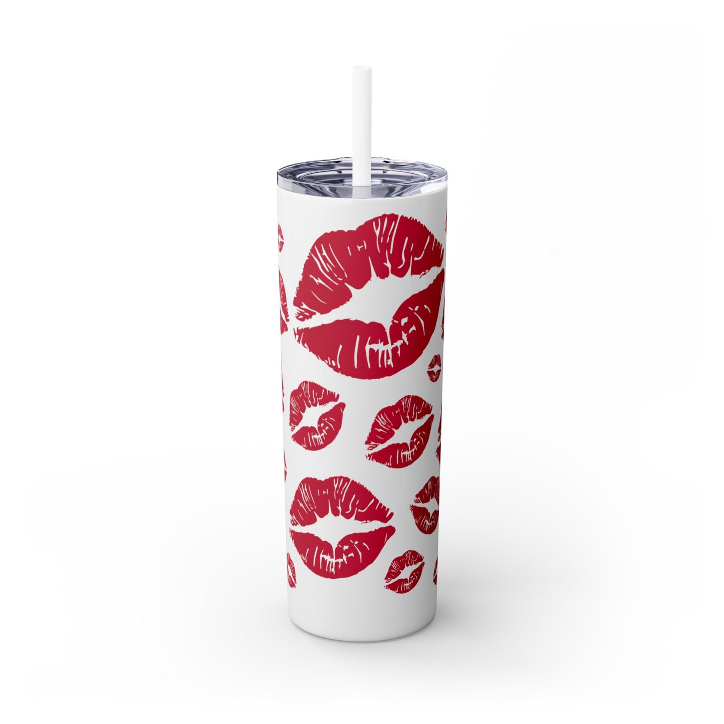 Red Lips Kiss Mark Skinny Tumbler, 20oz | Kiss Print Drinkware | Cute Gift for Her | Travel Mug | Valentine's Day, Wedding Favor