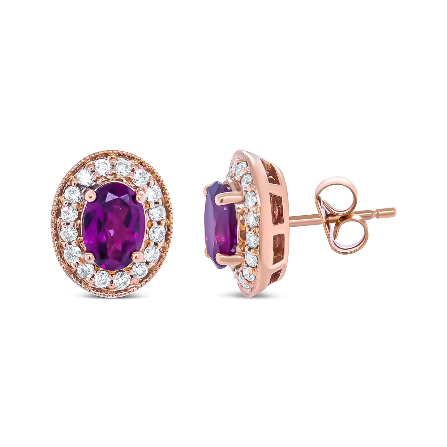14K Rose Gold 7x5mm Oval Cut Garnet and 3/8 Cttw Round Diamond Halo Stud Earrings (G-H Color, SI1-SI2 Clarity)-4