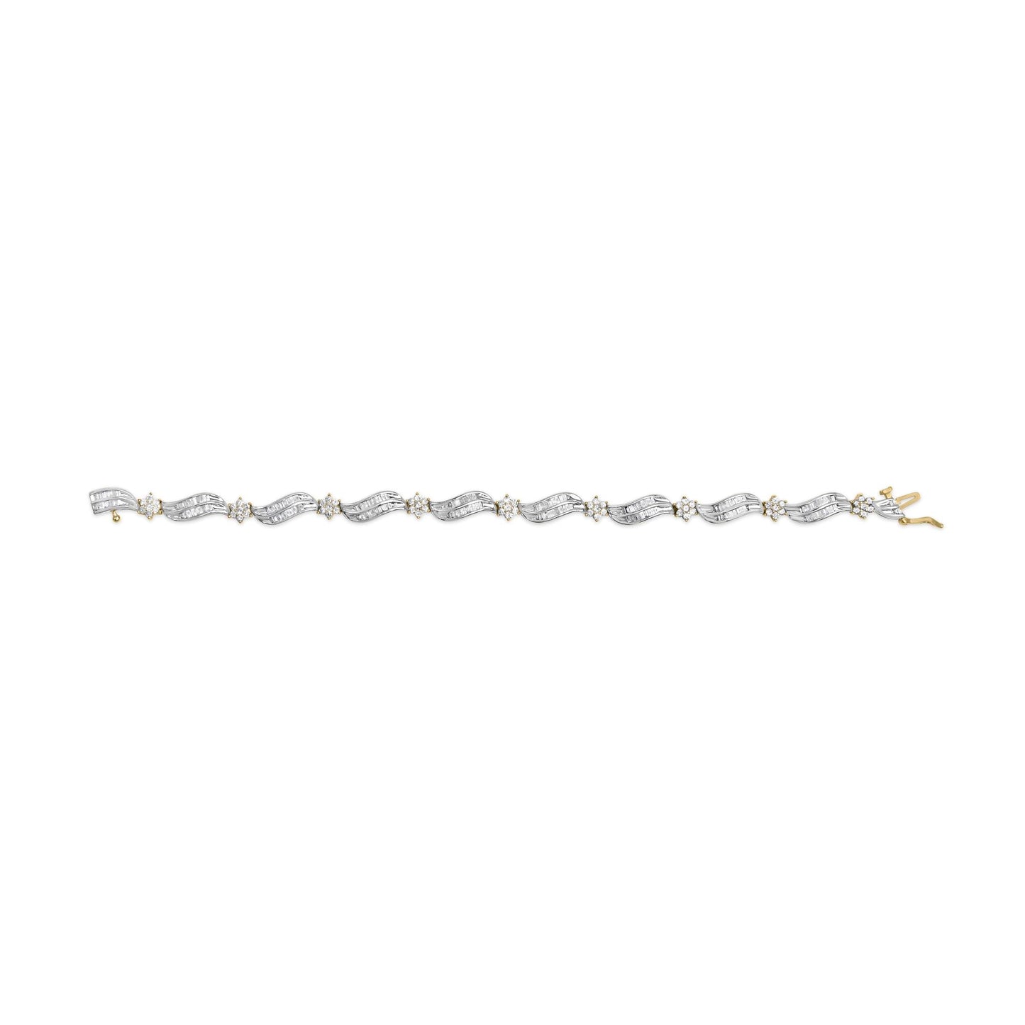 10K Yellow and White Gold 3.00 Cttw Diamond Cluster and Wave Link Bracelet (I-J Color, I1-I2 Clarity) - 7.25"-4