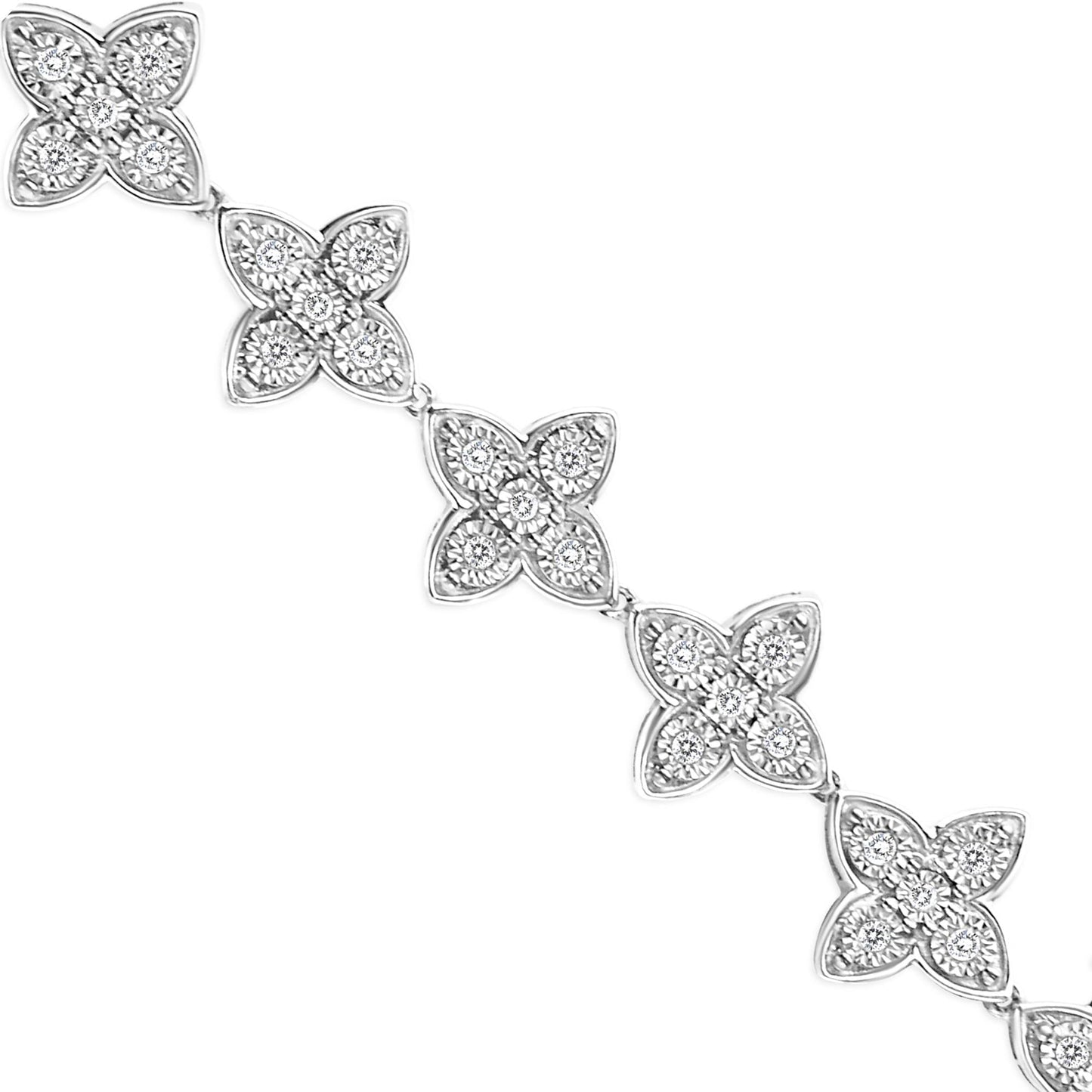 .925 Sterling Silver 1 cttw Miracle-Set Diamond 4 Leaf Clover Link Bracelet (I-J Clarity, I3 Color) - Size 7.25"-4