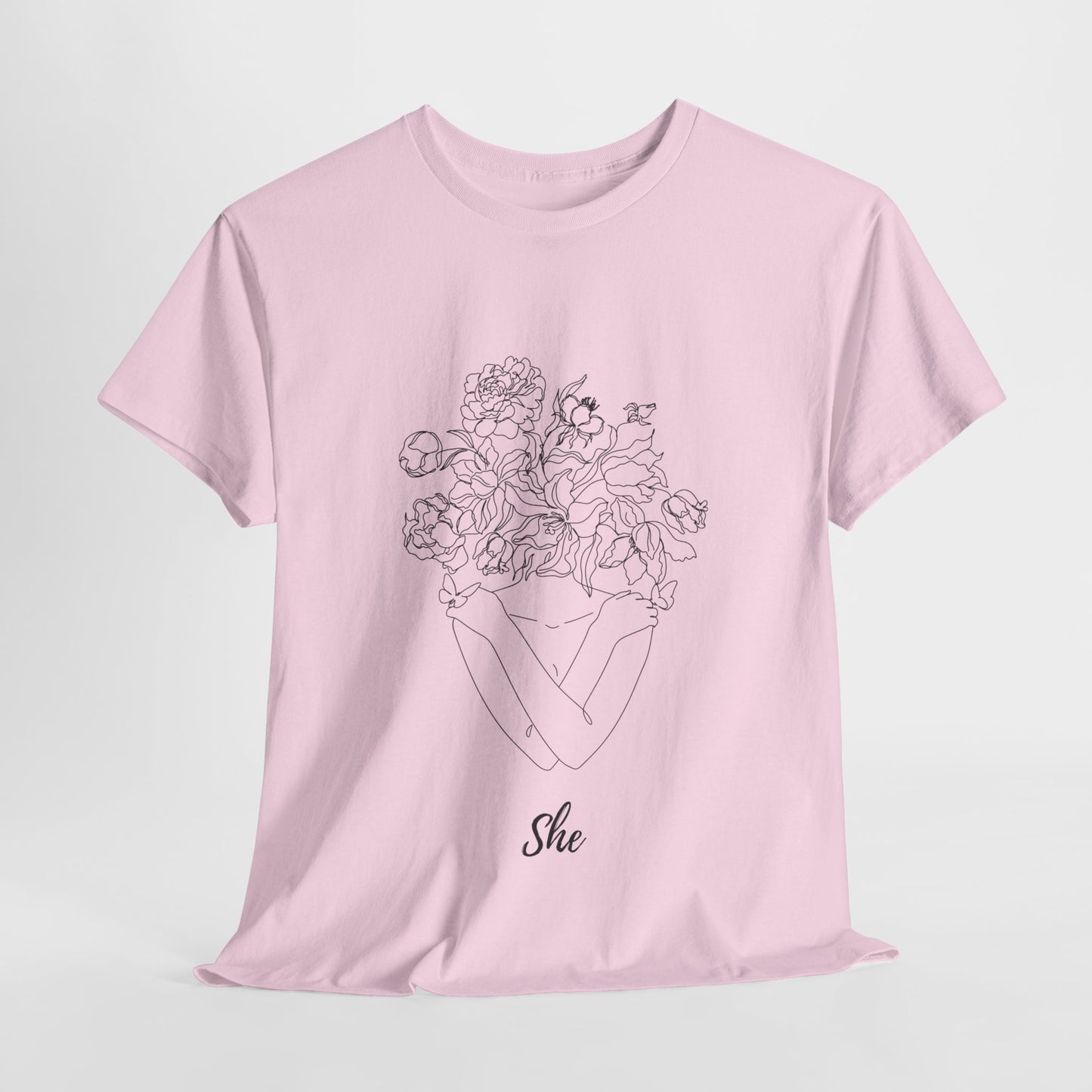 SHE Floral Love Unisex Heavy Cotton Tee, Casual T-Shirt, Gift for Her, Summer Fashion, Relaxed Fit Tee