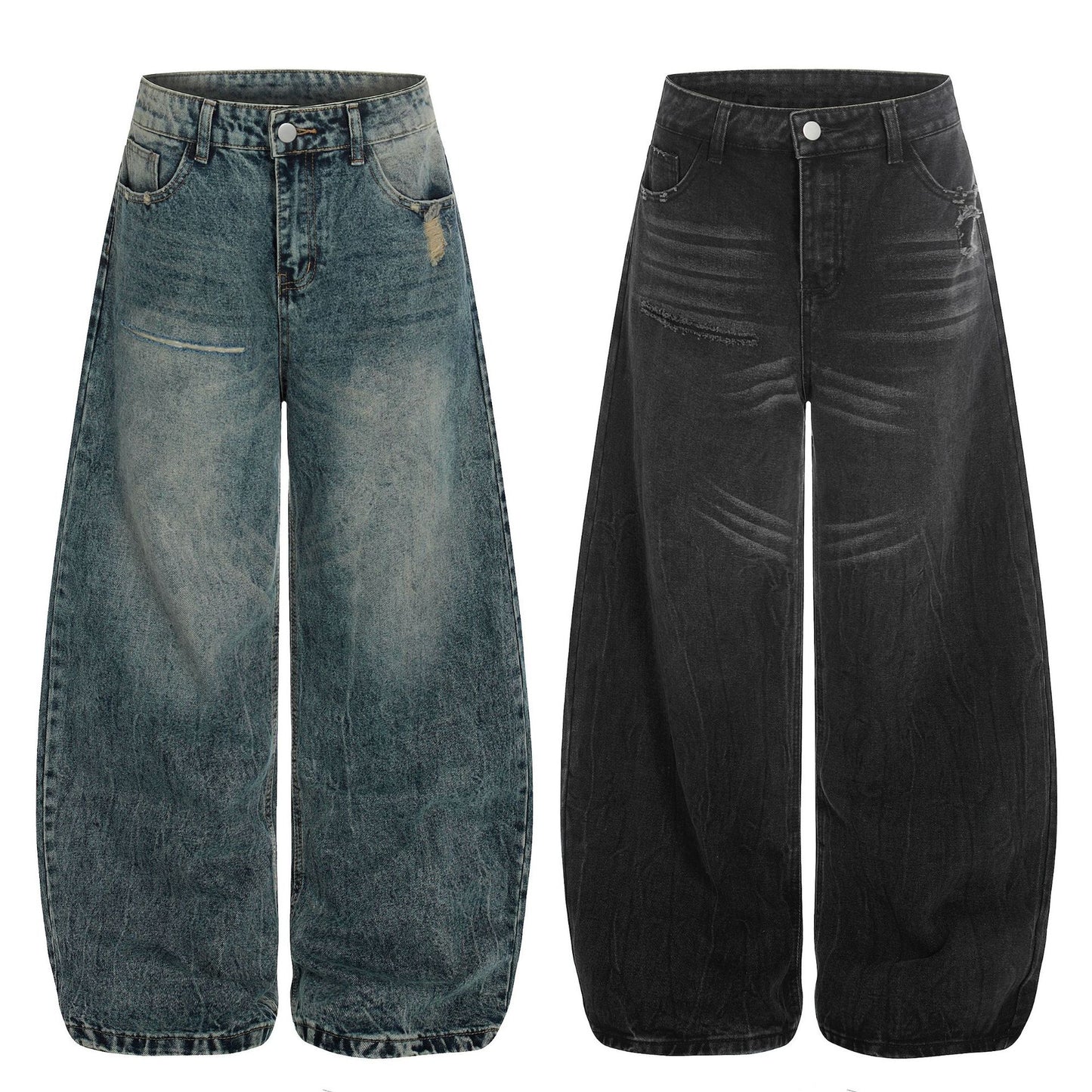 Distressed Cat-Whisker Wide-Leg Jeans Loose Silhouette Knife-Pants Versatile Floor-Length Pants