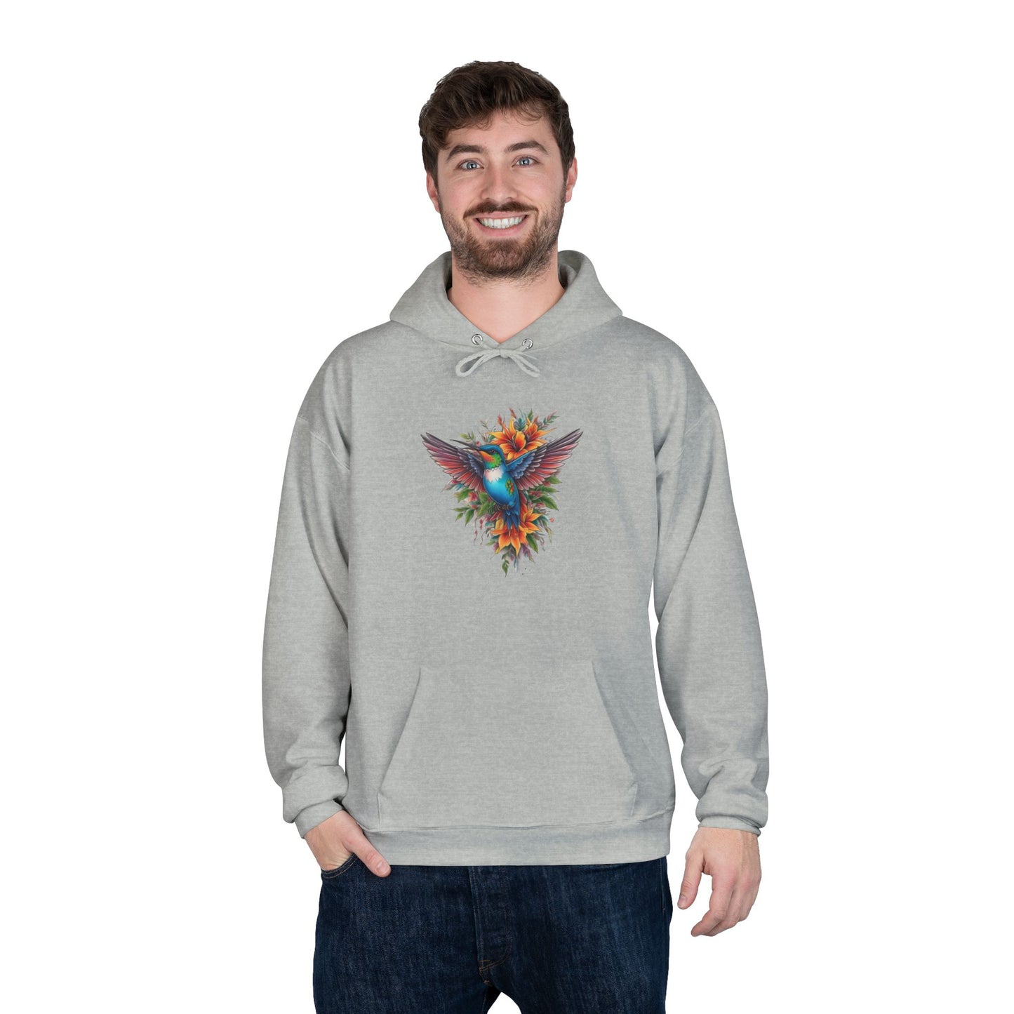 Vibrant Hummingbird Hoodie, Eco-Friendly Pullover, Perfect Gift for Nature Lovers, Spring Fashion, Unique Floral Design