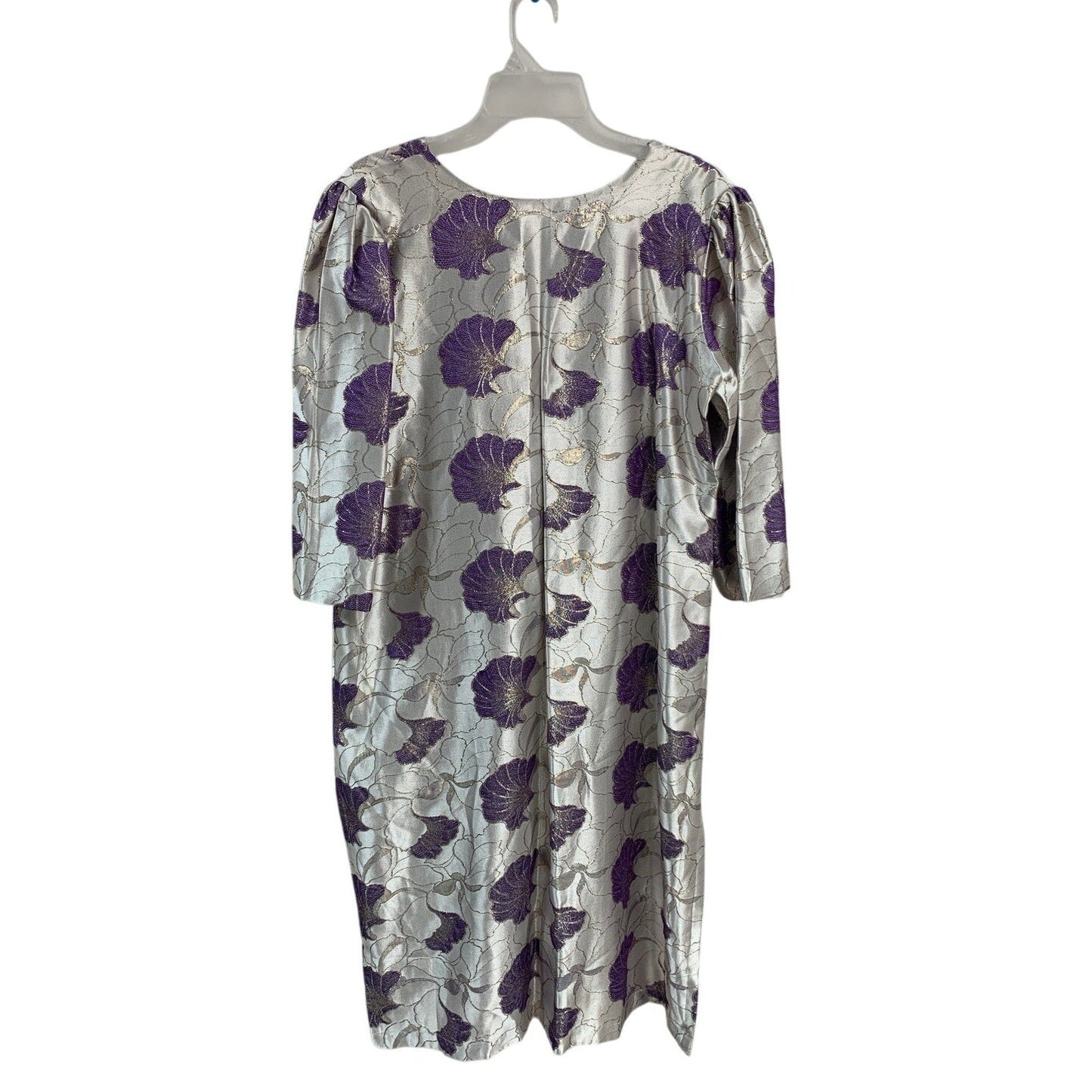 Womens XXL Silver Metallic Purple Floral Long Sleeve V Neck Midi Shift Dress