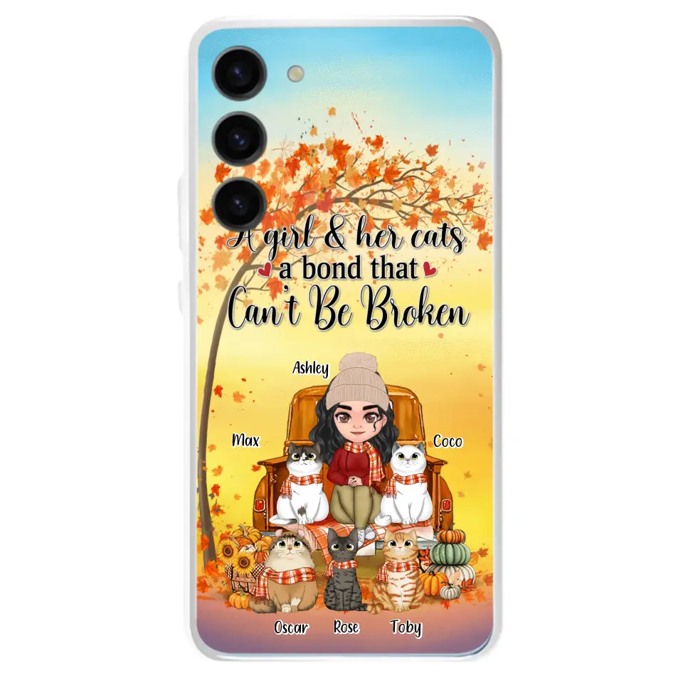Custom Personalized Cat Mom Fall Season Phone Case - Gift Idea For Cat Owners - Upto 5 Cats - Case For iPhone/Samsung - A Girl & Her Cats A Bond That Can't Be Broken