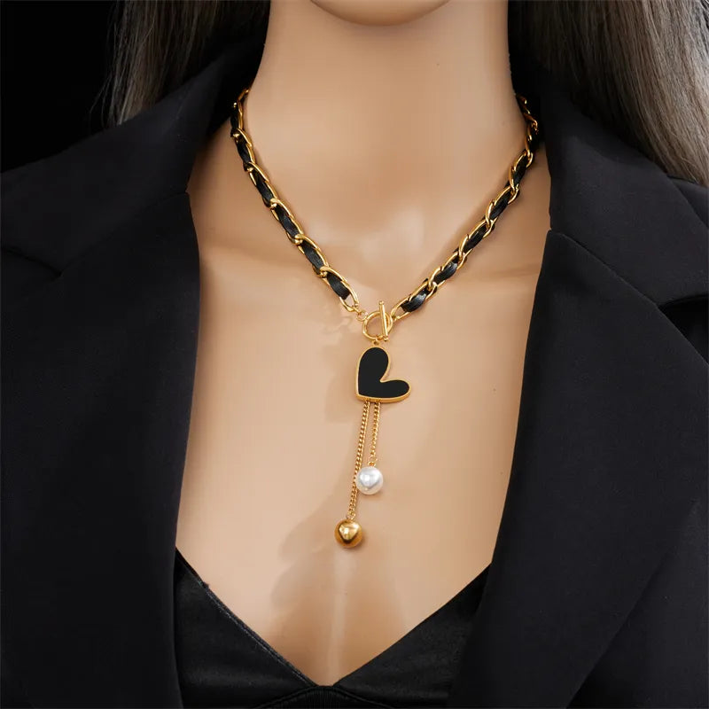 Stainless Steel Black Heart Pearl Ball Pendant Necklace For Women Fashion Girls Clasp Leather Chain Jewelry Gift
