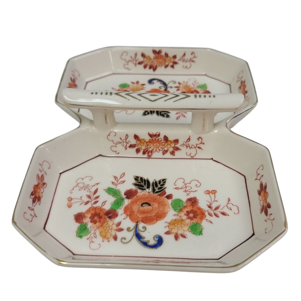 Vintage Made In Japan Floral Fine China Hand Painted Divided Plate Dish w Handle