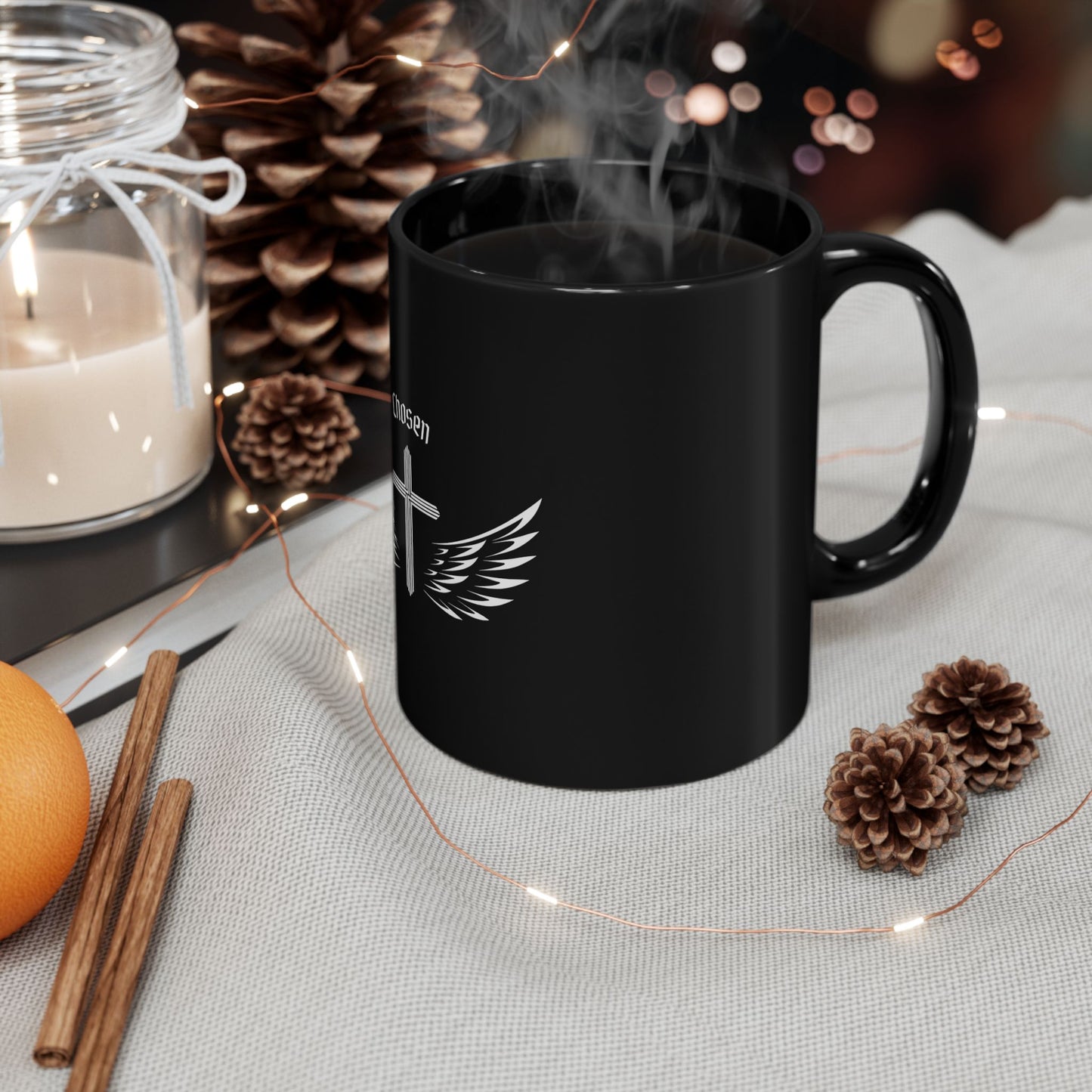 "Chosen" Inspirational Black Mug with Wings | Perfect Gift for Faith Lovers, Motivational Coffee Cup, Religious Home Decor, Christian Mug