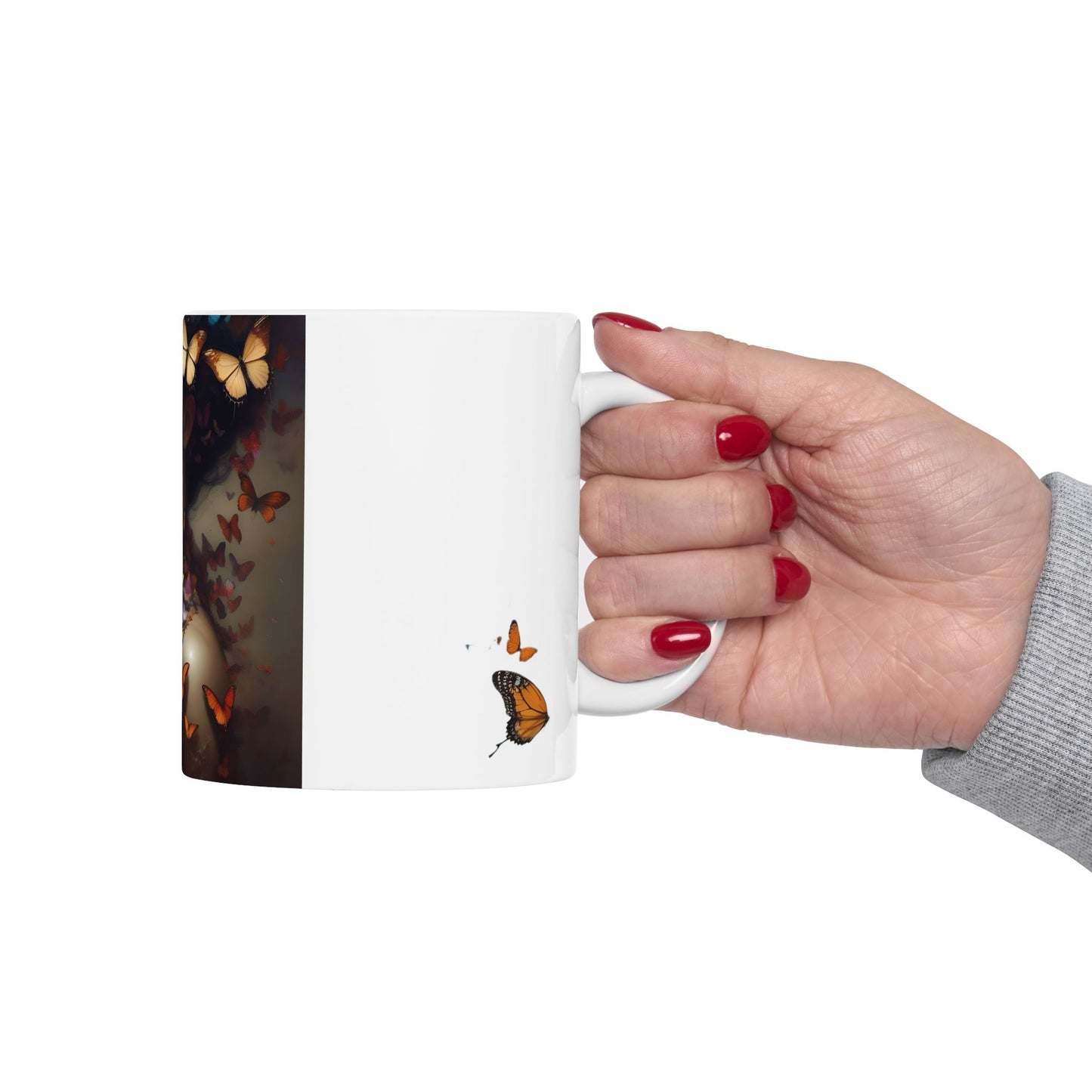 Butterfly Embrace Woman Ceramic Mug | Unique Gift for Nature Lovers, Inspirational Coffee Cup, Home Decor, Animal Art, Beautiful Butterfly Design