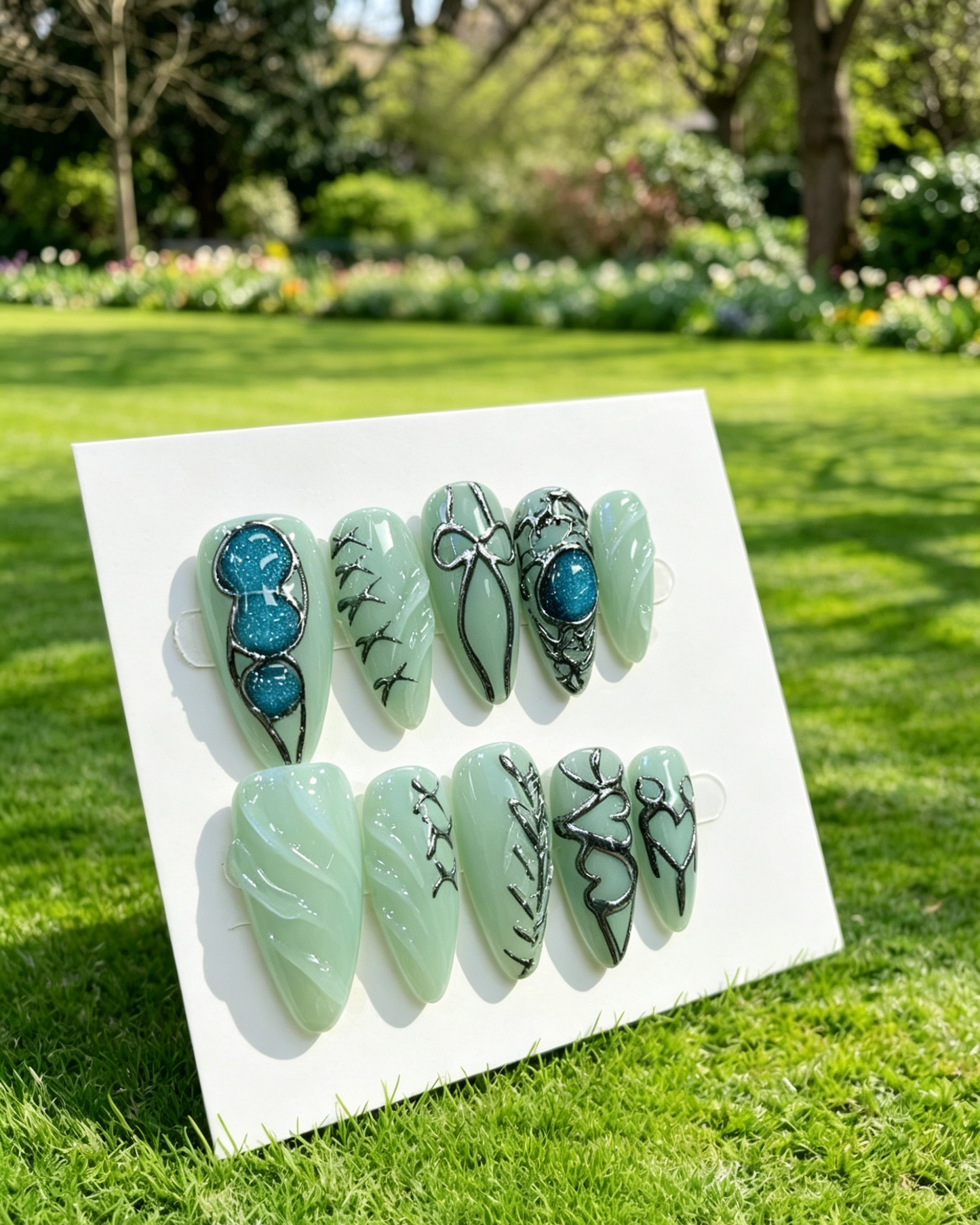 Mint Green Blue Gem Almond Handmade Press On Nails
