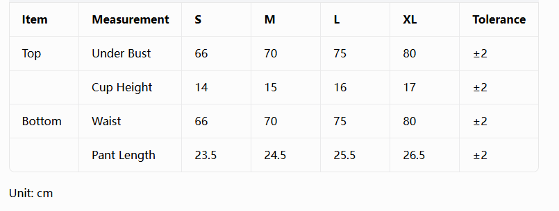 Measurement chart for tops with size specifications in centimeters.