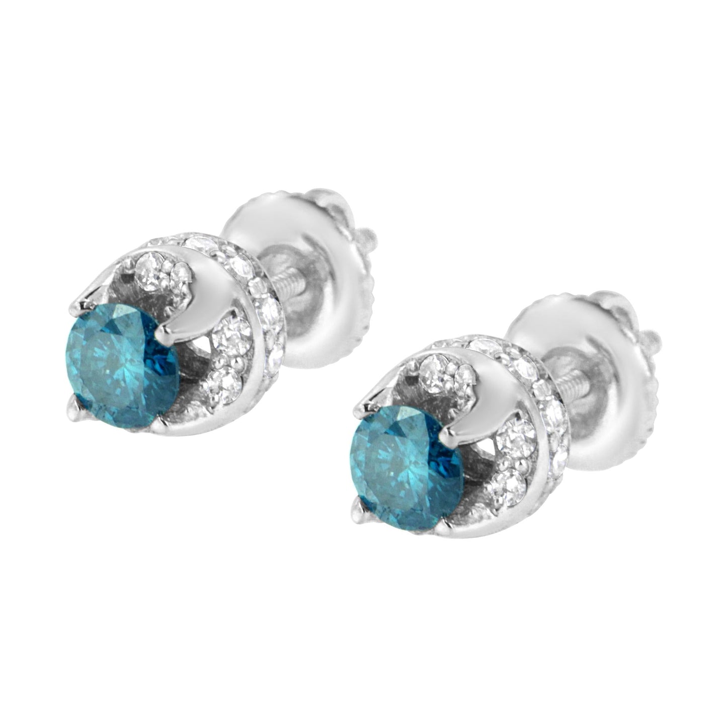 14K White Gold 1.00 Cttw Treated Blue and White Diamond Hidden Halo Stud Earrings (Blue/I-J Color, I2-I3 Clarity)-4