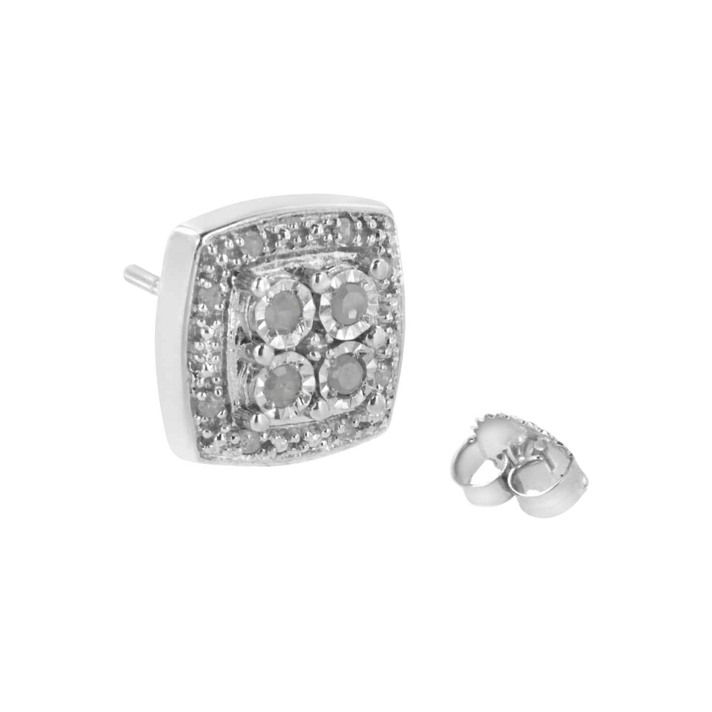 .925 Sterling Silver 1/4 cttw Round Cut Diamond Square Shape Milgrain Stud Earrings (I-J Color, I3 Clarity)-4