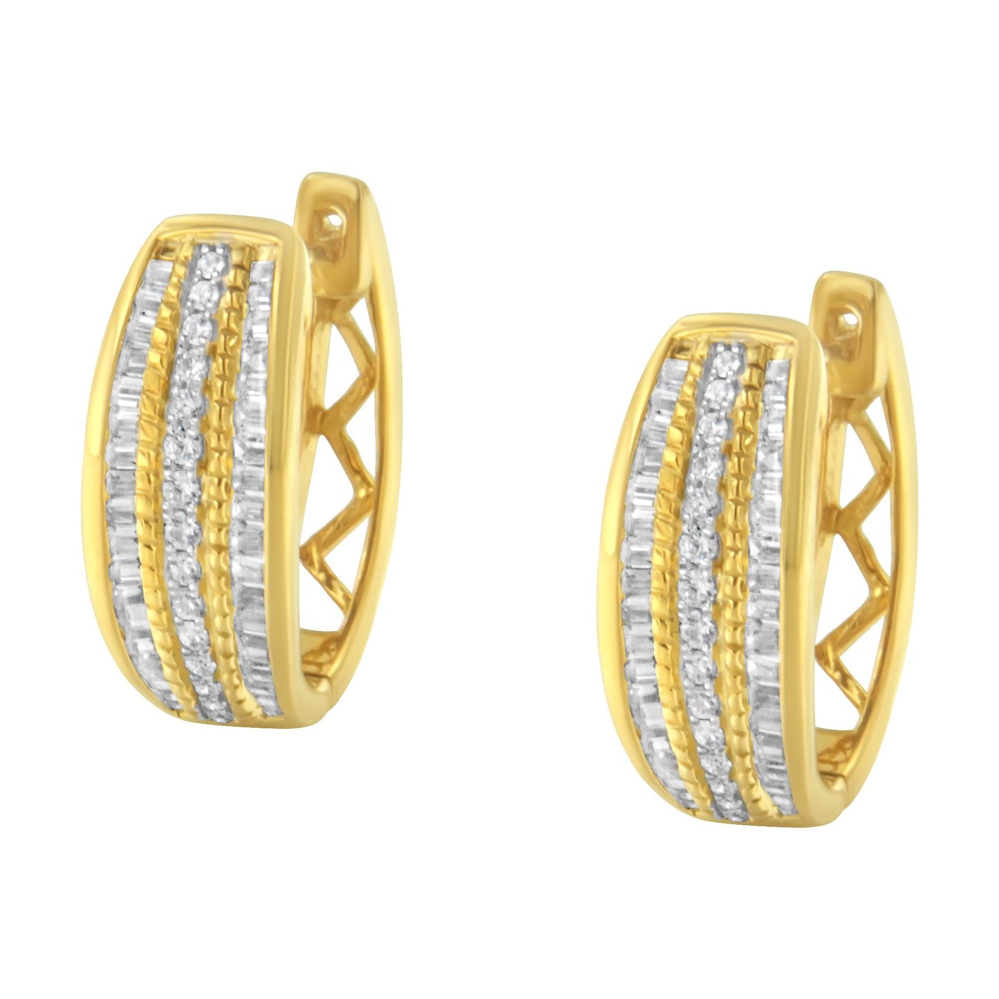 10K Yellow Gold 3/4 Cttw Pave and Channel Set Diamond Triple Row Modern Hoop Earrings (I-J Color, I2-I3 Clarity)-4
