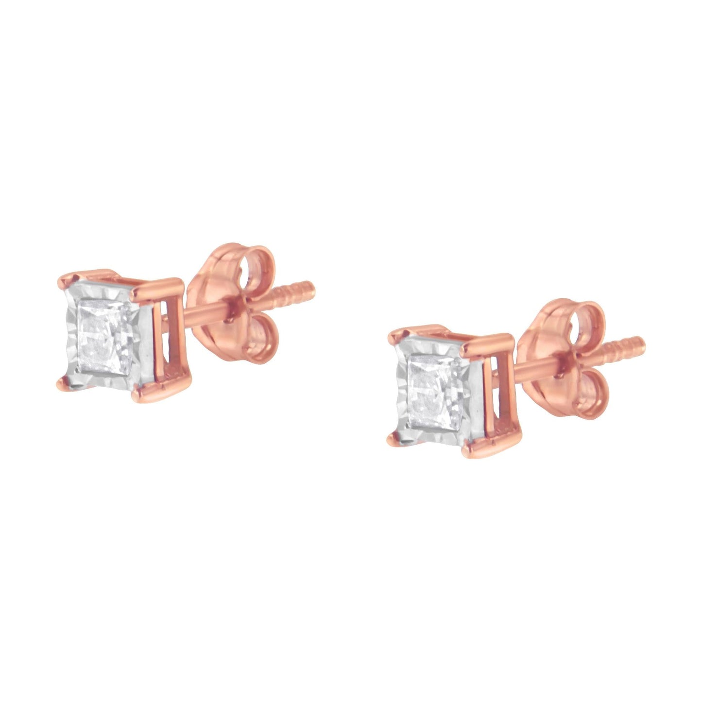 14K Rose Gold Plated Two-Tone .925 Sterling Silver 1/2 Cttw Princess-Cut Square Near Colorless Diamond Solitaire Miracle-Plate Stud Earrings (J-K Color, I2-I3 Clarity)-4