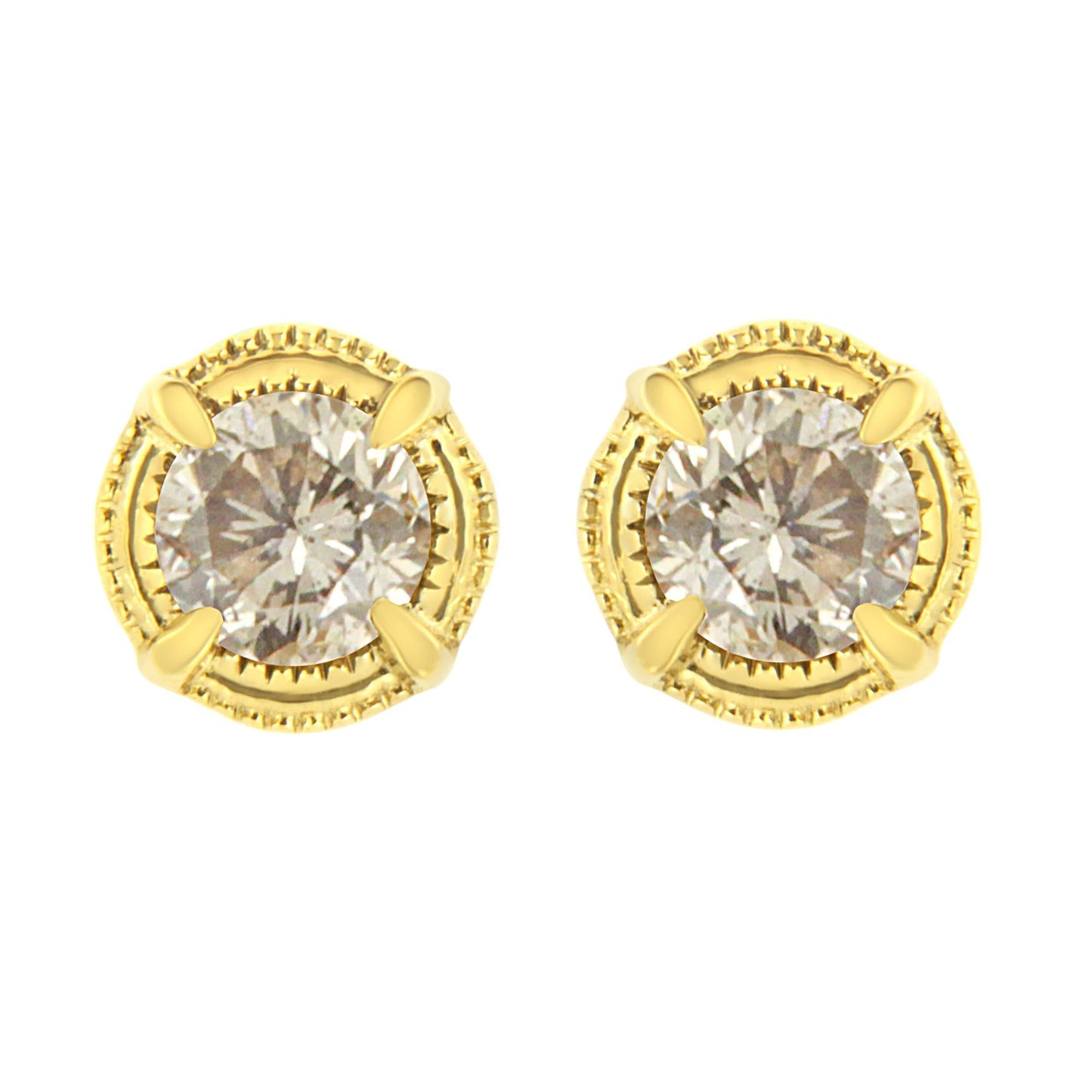 Gold earrings with round gemstones on a white background. .925 Sterling Silver Round Brilliant Cut Diamond Solitaire Milgrain Stud Earrings-5
