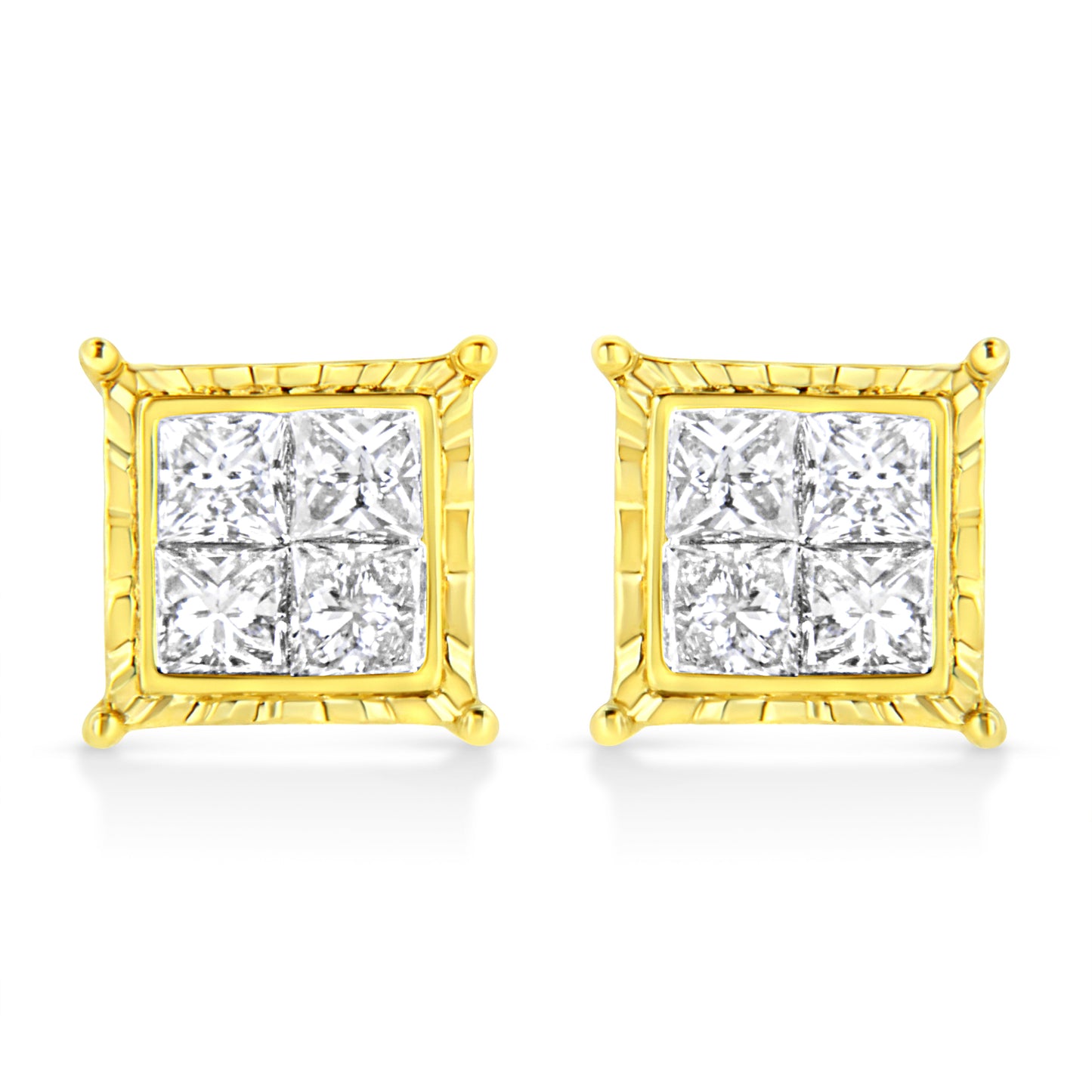 14K Yellow Gold 1.0 Cttw Invisible Set Princess-Cut Diamond Composite 8 Stone Stud Earrings (I-J Color, SI1-SI2 Clarity)