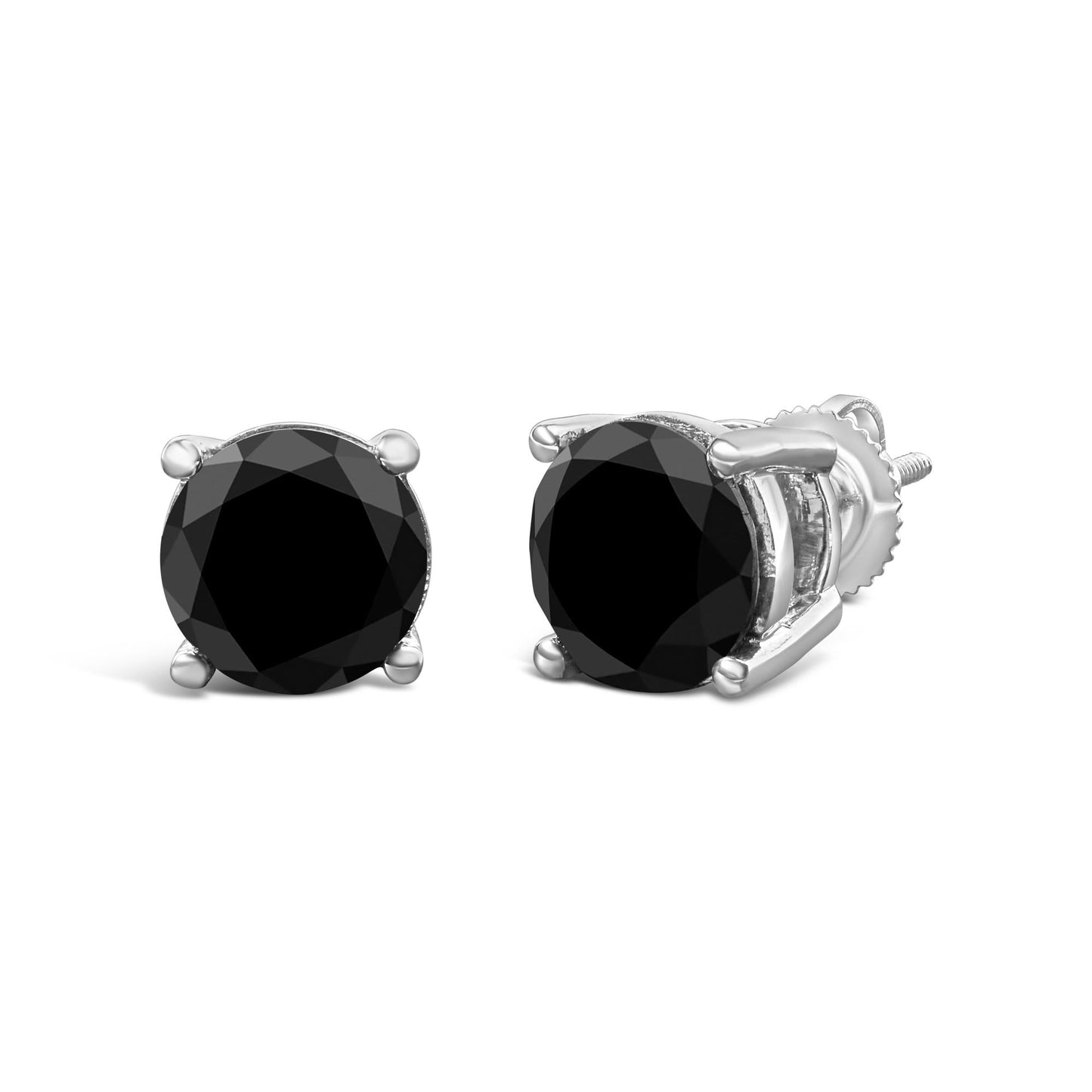 14K White Gold Round Brilliant-Cut Black Diamond Classic 4-Prong Stud Earrings with Screw Backs (Fancy Color-Enhanced, I2-I3 Clarity)-4