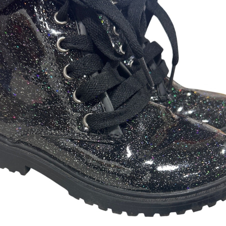 Fitory Girls Size 11 Black Sparkle Glitter Lace Up Side ZIp Ankle Combat Boots