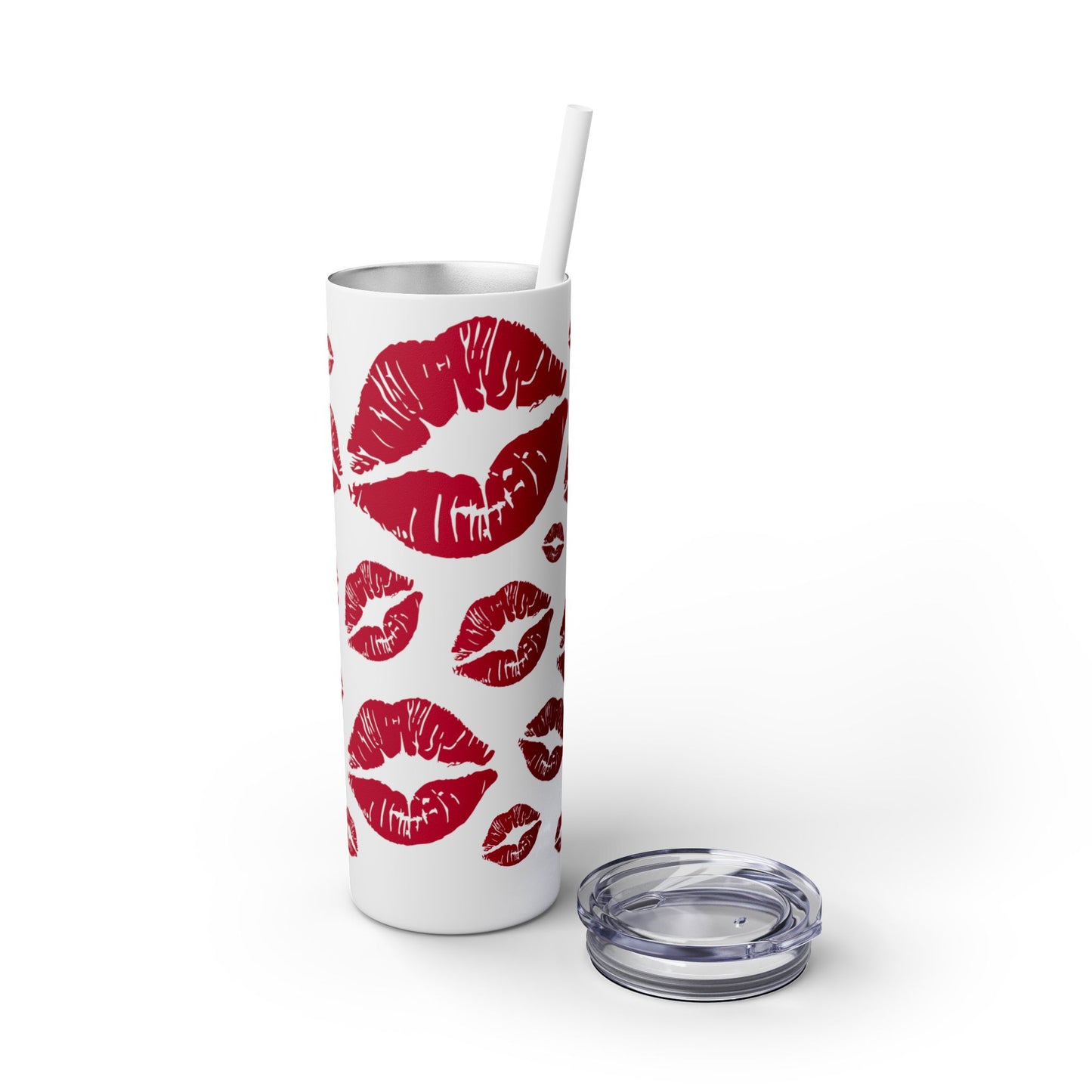 Red Lips Kiss Mark Skinny Tumbler, 20oz | Kiss Print Drinkware | Cute Gift for Her | Travel Mug | Valentine's Day, Wedding Favor