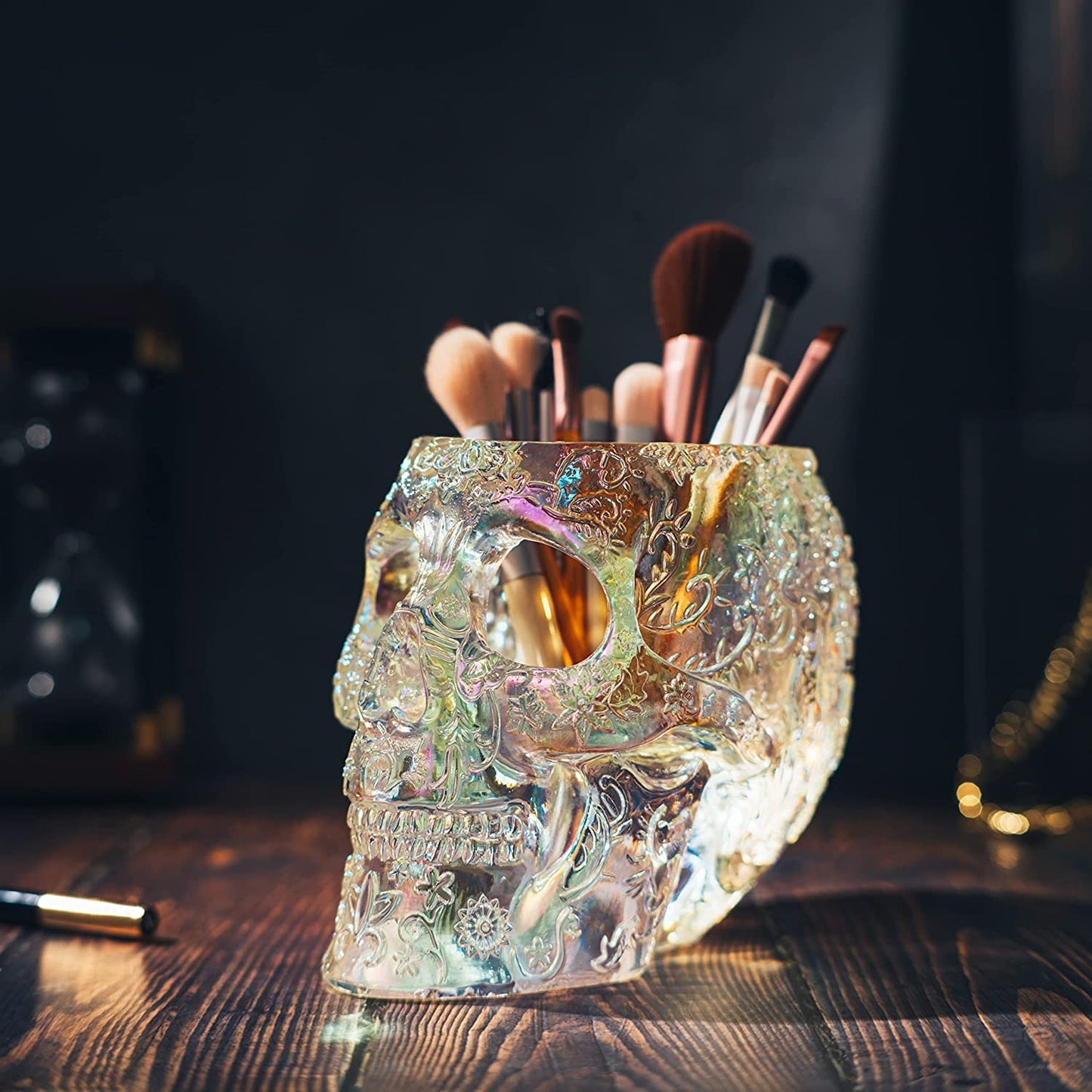 Skull Makeup Brush Holder, Pen Holder, Vanity, Desk, Office Organizer, Stationary, Decor Planter, Candy Bowl, Goth Decorations, Extra Large, Skulls Gothic Skull & Bones Organizer Bathroom (iridescent)-4