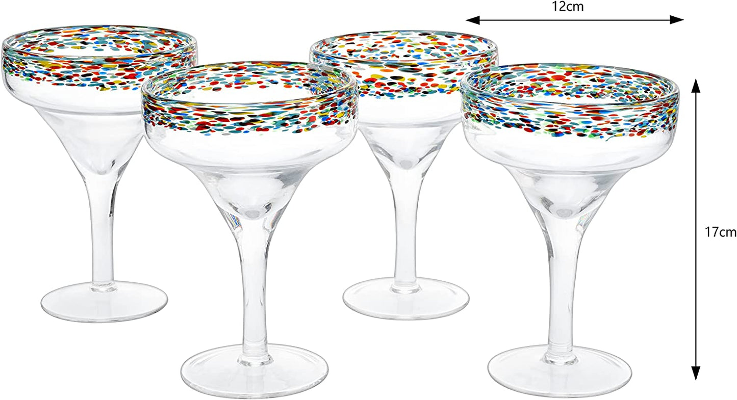 The Wine Savant Mexican Margarita Hand Blown Glass - Set of 4 - Large 16oz, Luxury Margarita Glasses, Mexico Design Large 16oz Confetti Rim Carmen Cinco de Mayo, Dishwasher Safe, Confetti Rock Decor-4