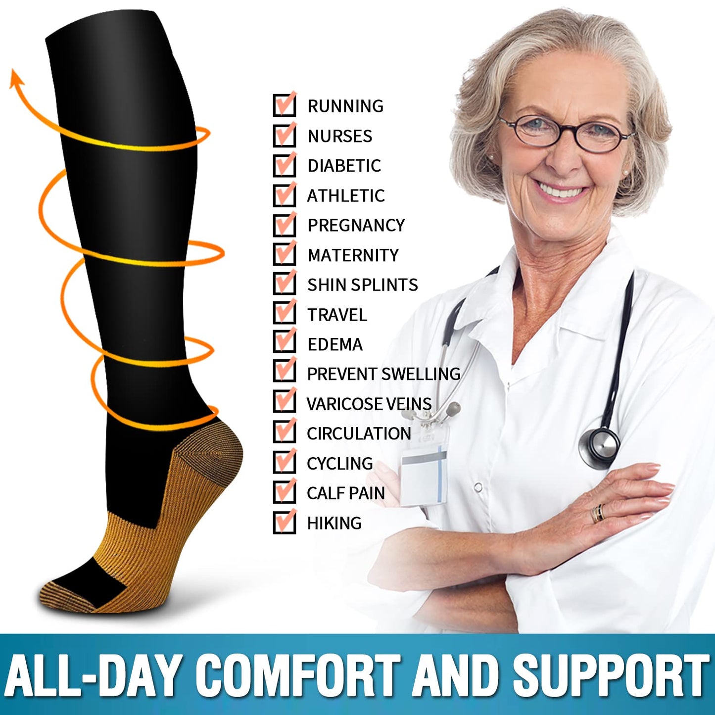 6 Pack Copper Compression Socks for Women and Men Circulation-Best Support for Medical,Running,Nursing,Athletic