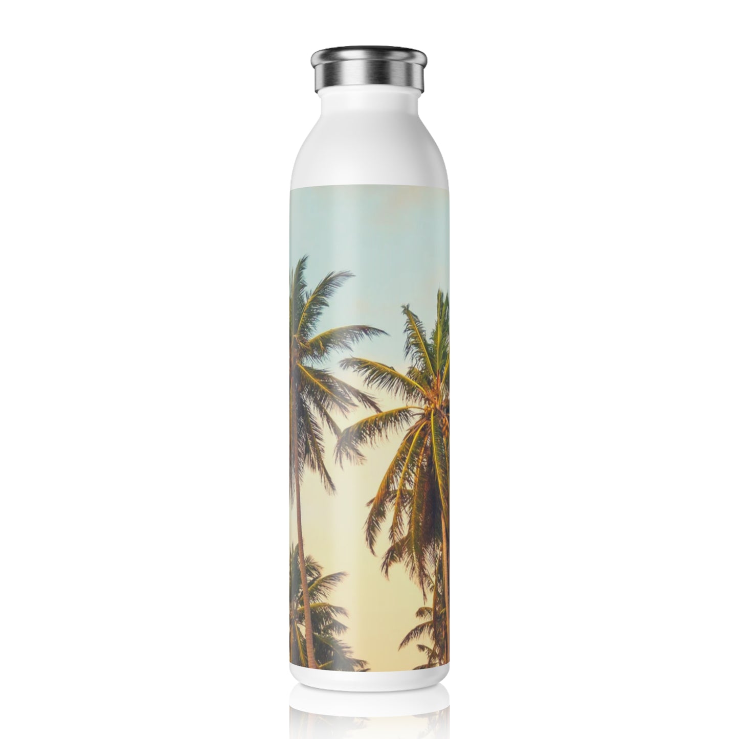 CALIFORNIA PALM TREES Tropical Sunset Slim Water Bottle, Eco-Friendly Drinkware, Summer Hydration, Beach Vibes, Travel Accessory, Gift for Nature Lovers