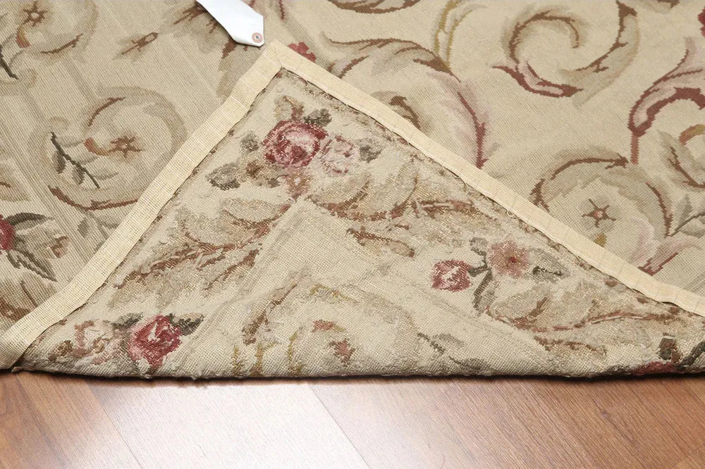 5'5''x7'8" Beige Hand Woven Floral French Country Flatweave Aubusson Wool Oriental Area Rug-4