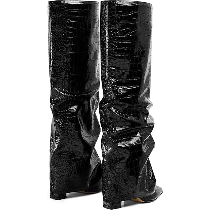 Synchoiss Womens 6 Black 4" Heel Knee High Boots Faux Leather Foldover Shoes