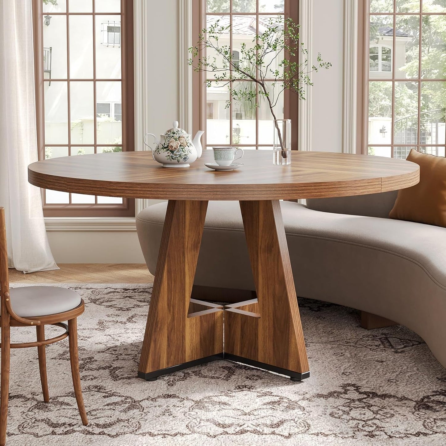 Round Dining Table 47 Inch Brown Finish Seats 4 To 6-4