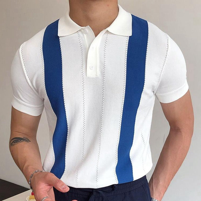 Summer short sleeved knitted sweater with white stripes slim fit business POLO shirt Father's Day gift