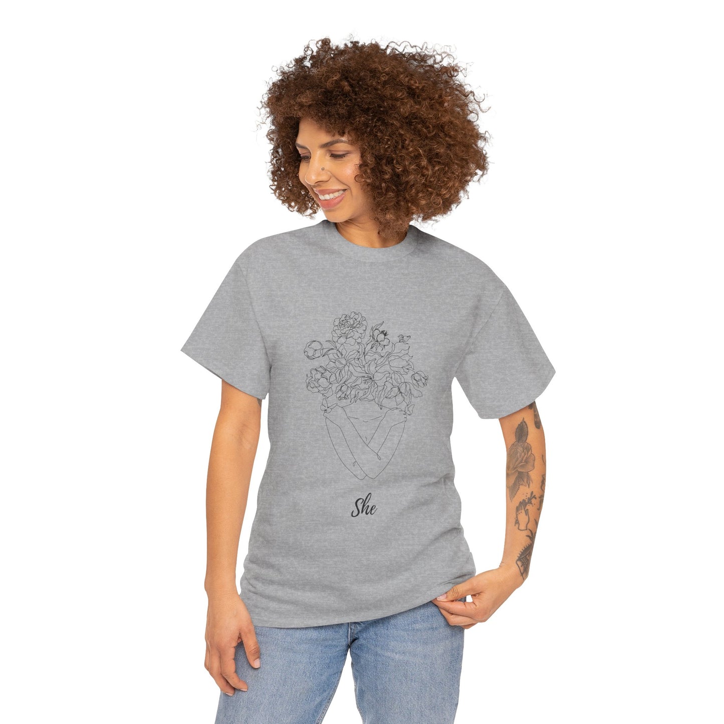 SHE Floral Love Unisex Heavy Cotton Tee, Casual T-Shirt, Gift for Her, Summer Fashion, Relaxed Fit Tee