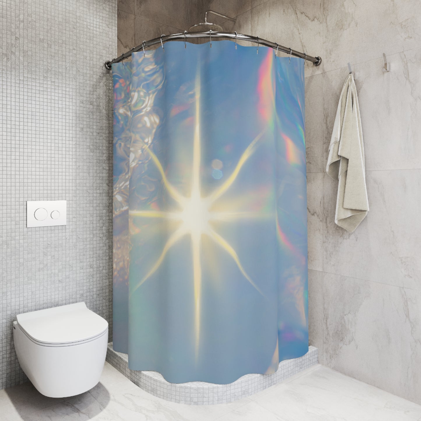 Iridescent Starburst Shower Curtain, Modern Bathroom Decor, Bright Light Vibe, Bohemian Home, Gift for New Homeowners
