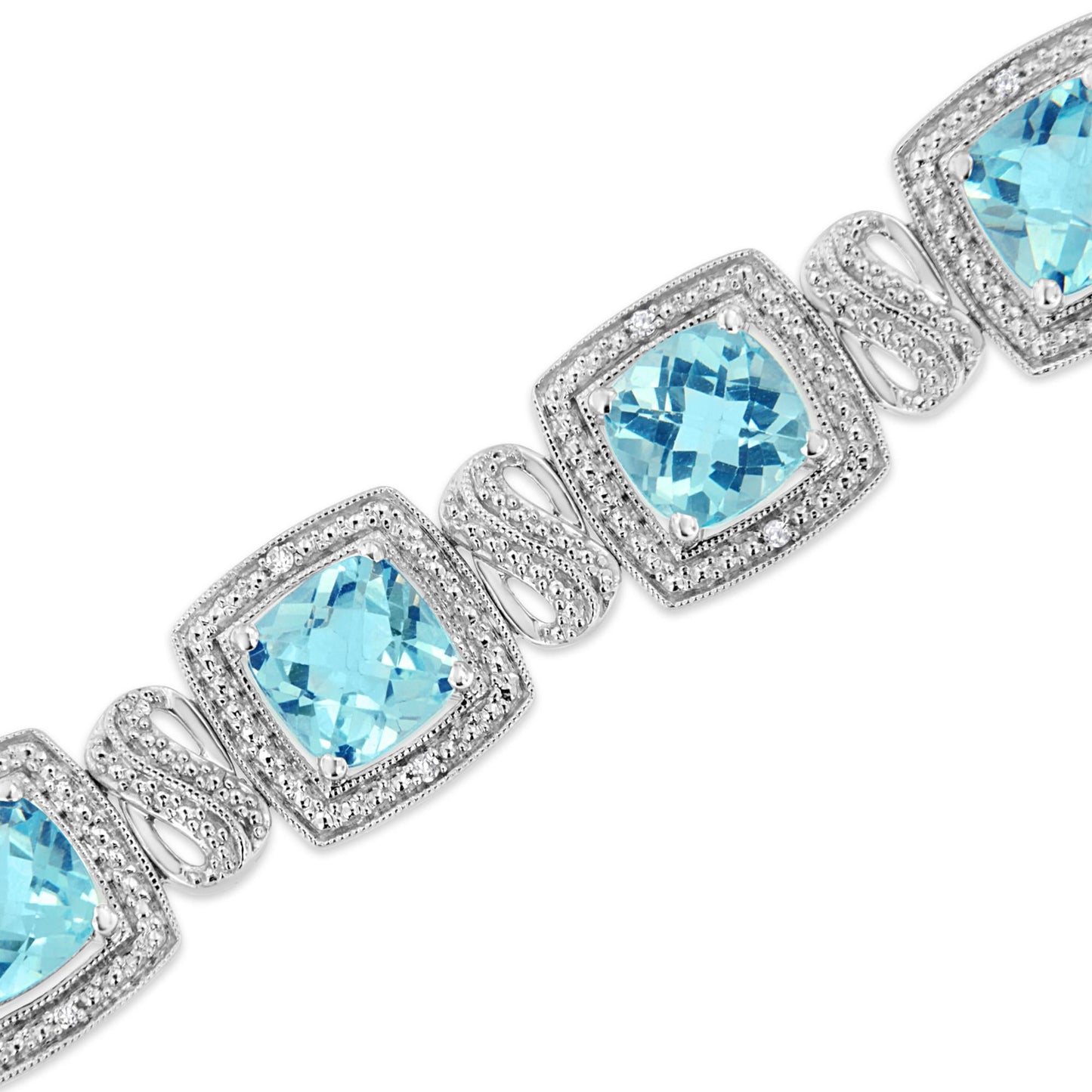 .925 Sterling Silver 7x7 mm Cushion Cut Blue Topaz and 1/10 Ctw Single Cut Diamond Square Shape Tennis Bracelet (I-J Color, I1-I2 Clarity) - 7"-4