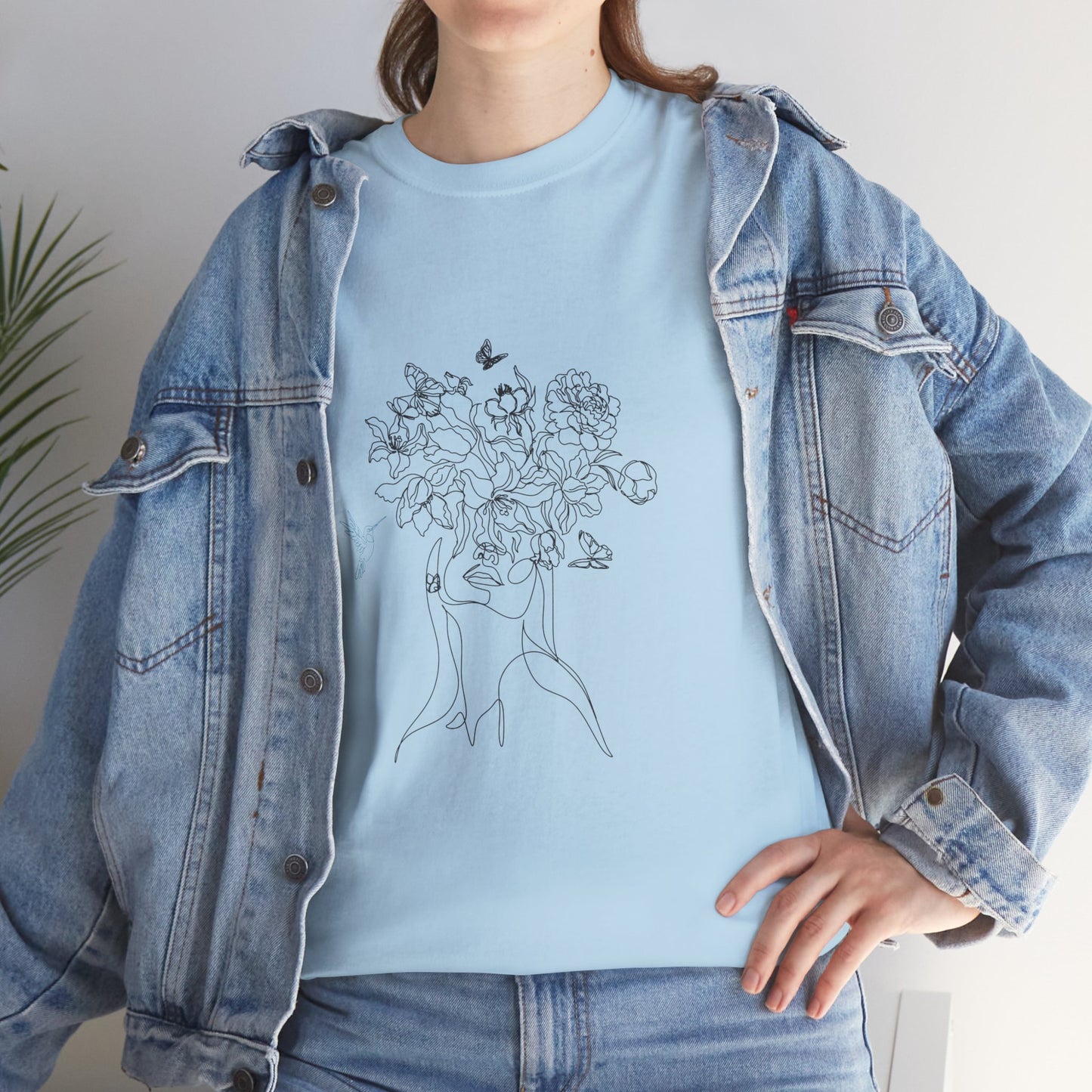 Floral Art Sketch Woman Flowers Hummingbird Unisex Heavy Cotton Tee - Beautiful Gift for Her, Everyday Comfort, Spring Style, Unique Graphic Shirt