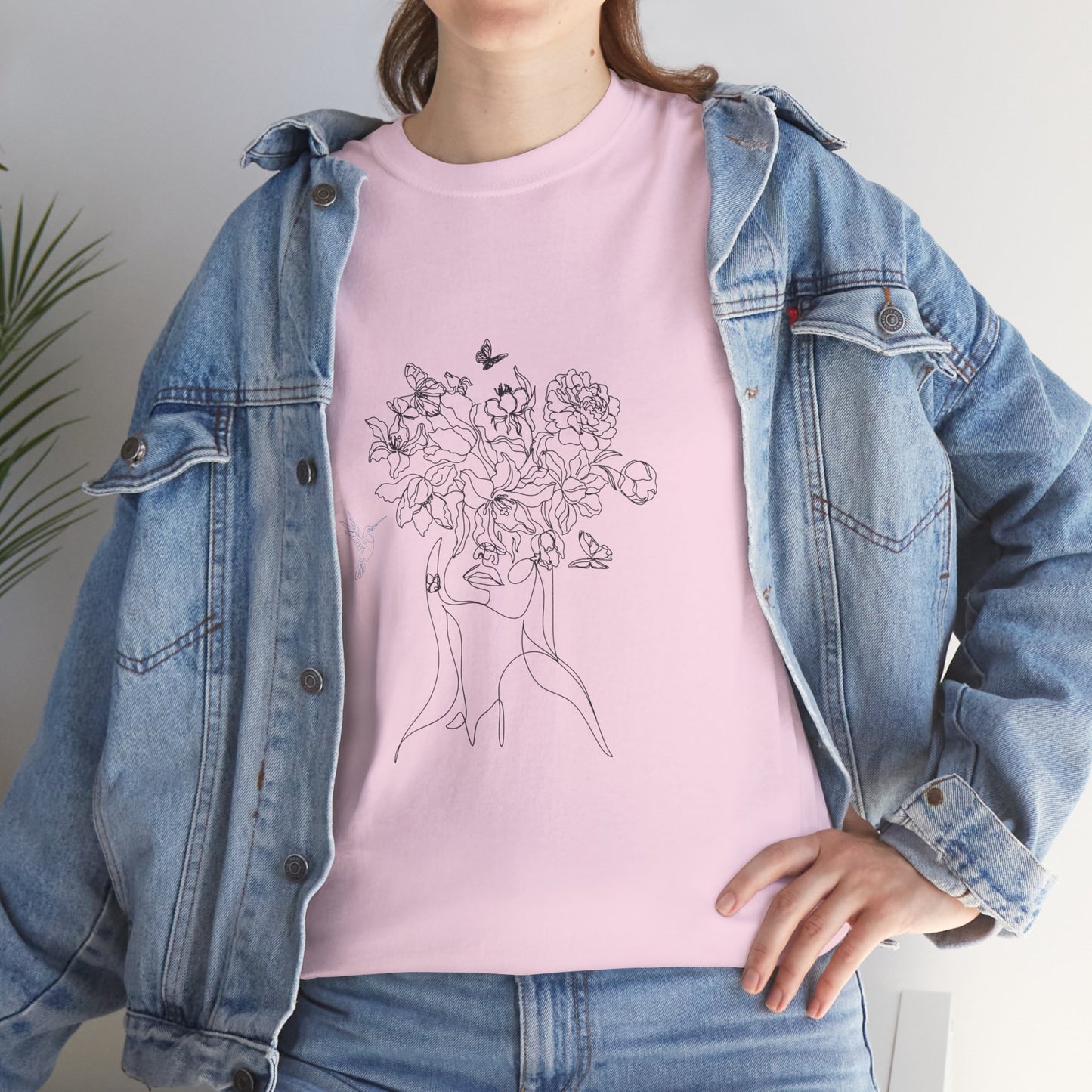 Floral Art Sketch Woman Flowers Hummingbird Unisex Heavy Cotton Tee - Beautiful Gift for Her, Everyday Comfort, Spring Style, Unique Graphic Shirt