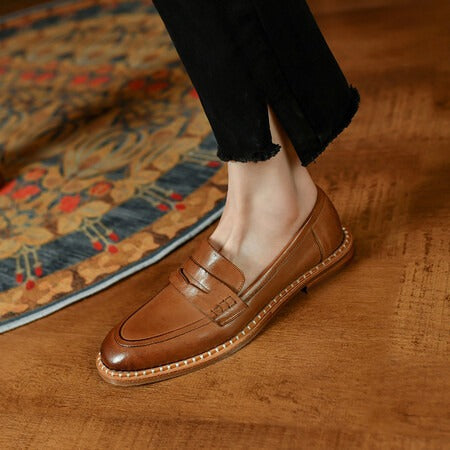 Round toe low heeled single shoes, retro style flat heeled women's shoes, brown