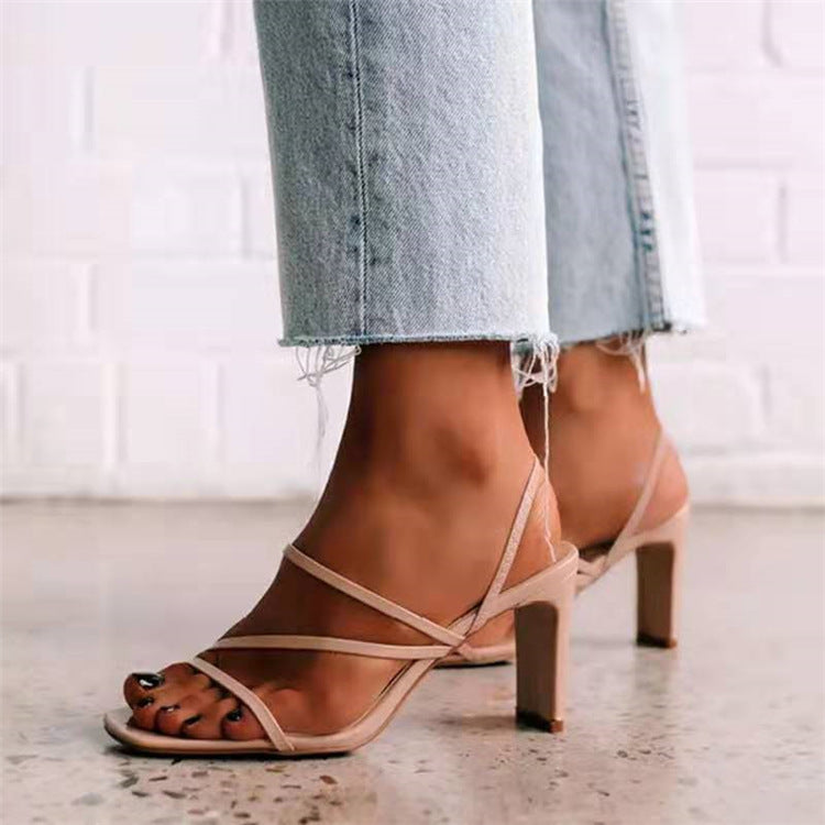 Spring And Summer New Women's Sandals Shoes In-Line Roman Square Toe Chunky Heel Sandals
