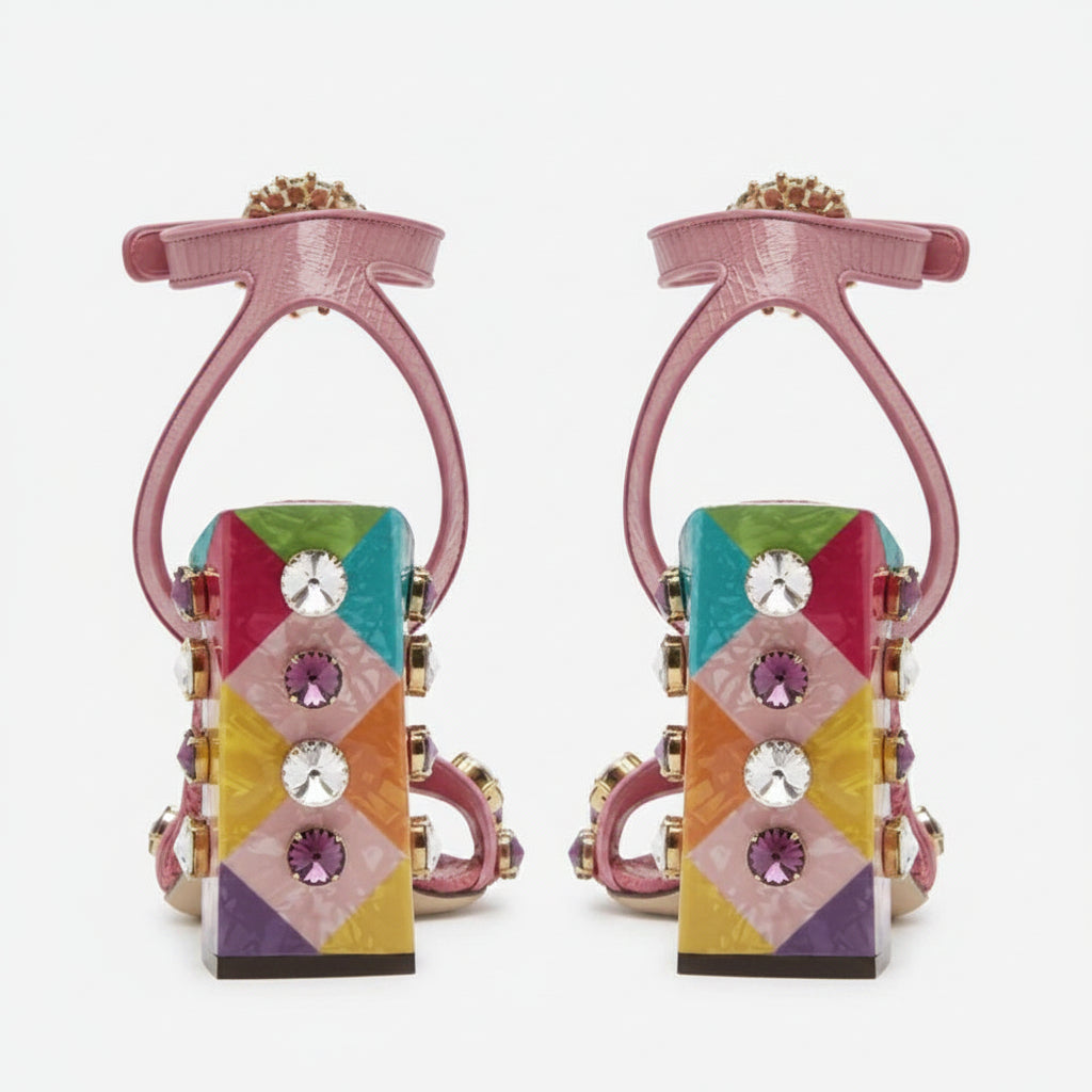 Pink jeweled sheepskin block heel sandals with colorful crystal embellishments, open toe design, ankle strap, and retro-inspired luxury party style in blush pink.