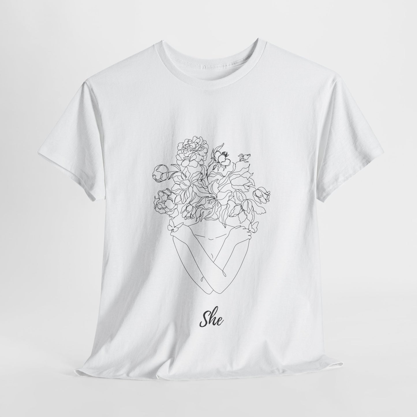 SHE Floral Love Unisex Heavy Cotton Tee, Casual T-Shirt, Gift for Her, Summer Fashion, Relaxed Fit Tee