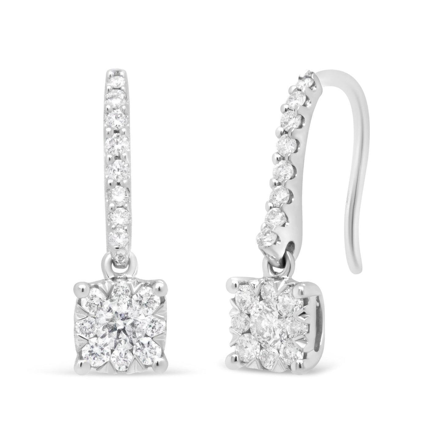 14K White 1/2 Cttw Round Diamond Halo Dangle Hook Earring - (H-I Color, SI2-I1 Clarity)-4
