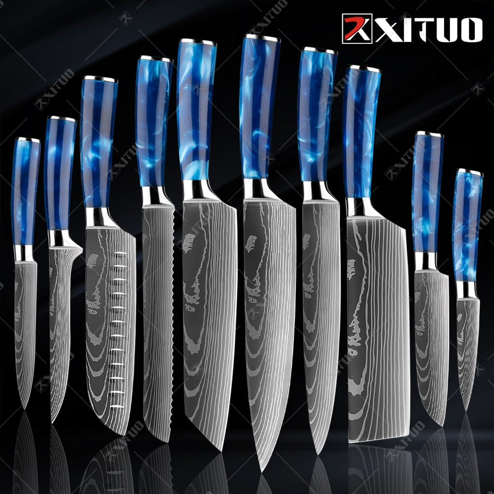 XITUO kitchen knives Set Exquisite blue resin handle Laser Damascus pattern Chef knife Santoku Cleaver Slicing Knives Best Gift