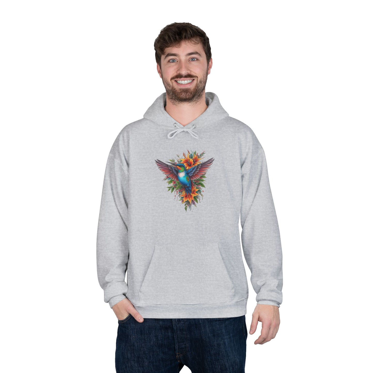 Vibrant Hummingbird Hoodie, Eco-Friendly Pullover, Perfect Gift for Nature Lovers, Spring Fashion, Unique Floral Design
