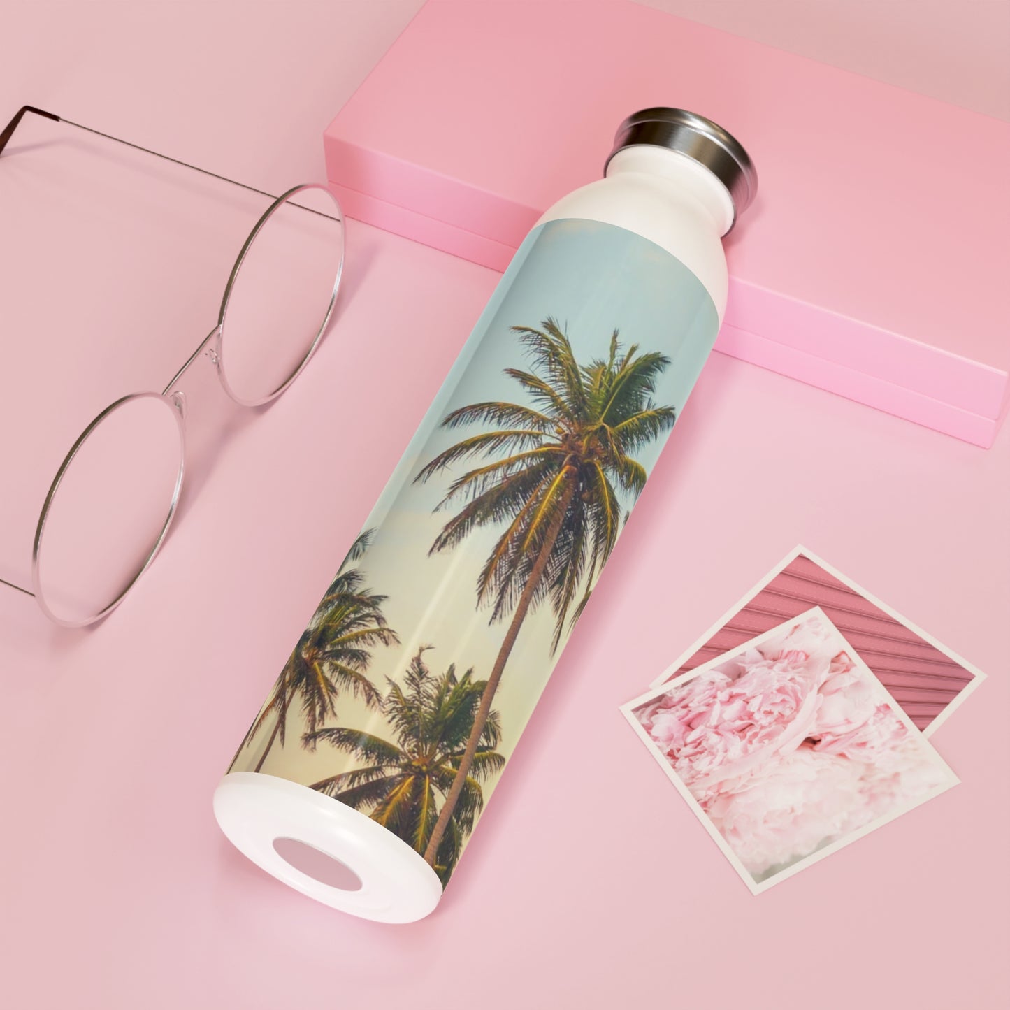 CALIFORNIA PALM TREES Tropical Sunset Slim Water Bottle, Eco-Friendly Drinkware, Summer Hydration, Beach Vibes, Travel Accessory, Gift for Nature Lovers
